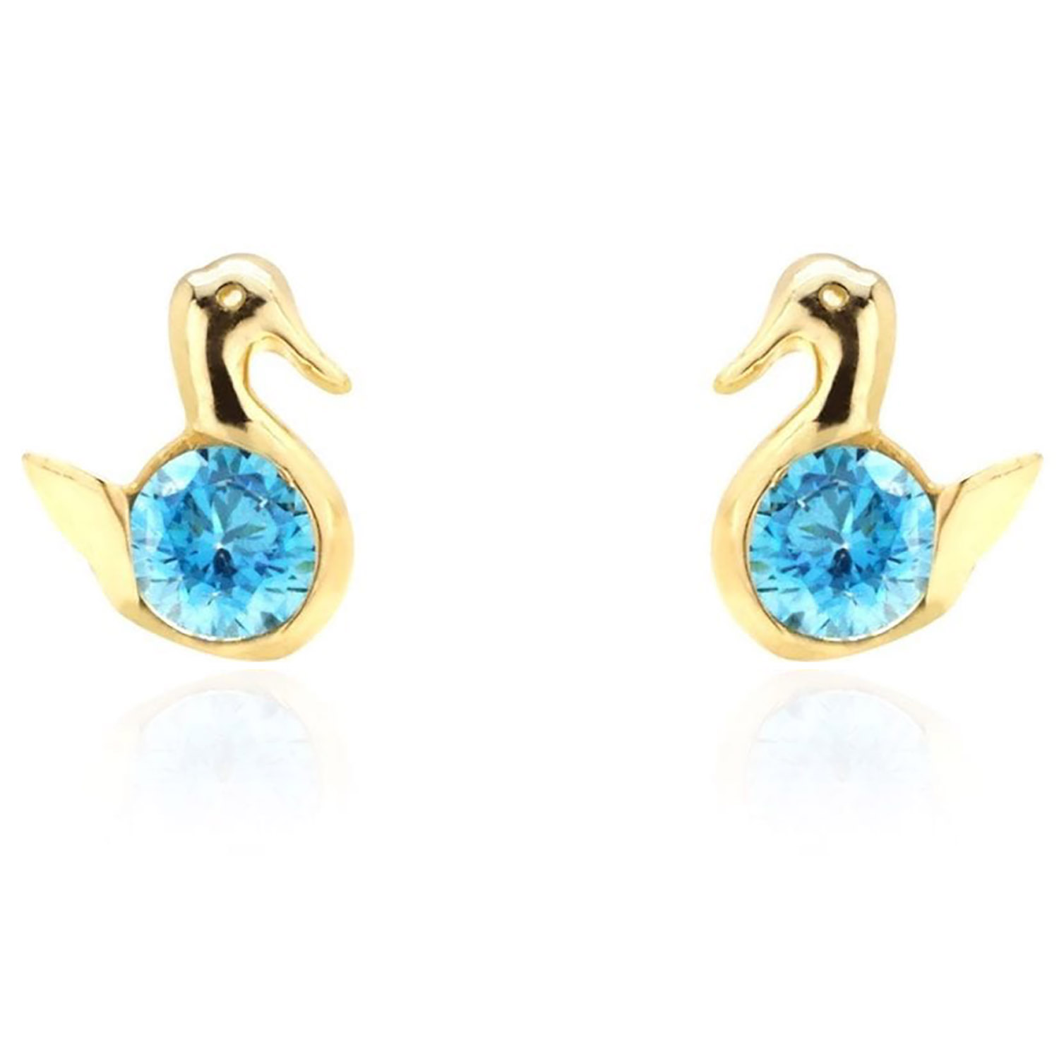 14K Yellow Gold Round Cut Simulated Birthstone Duck Baby Screwback Stud Earrings - December - Blue Topaz