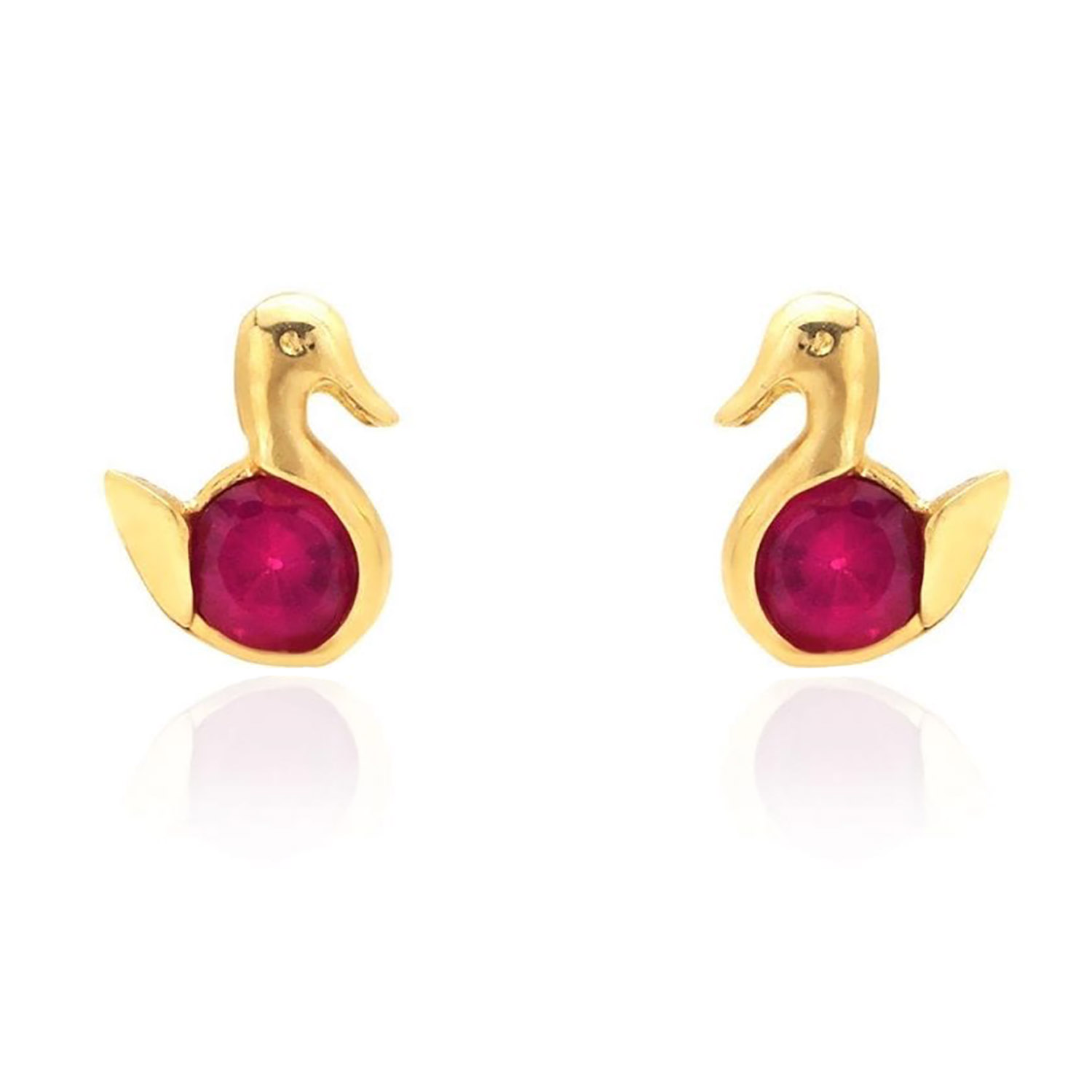 14K Yellow Gold Round Cut Simulated Birthstone Duck Baby Screwback Stud Earrings - July - Ruby