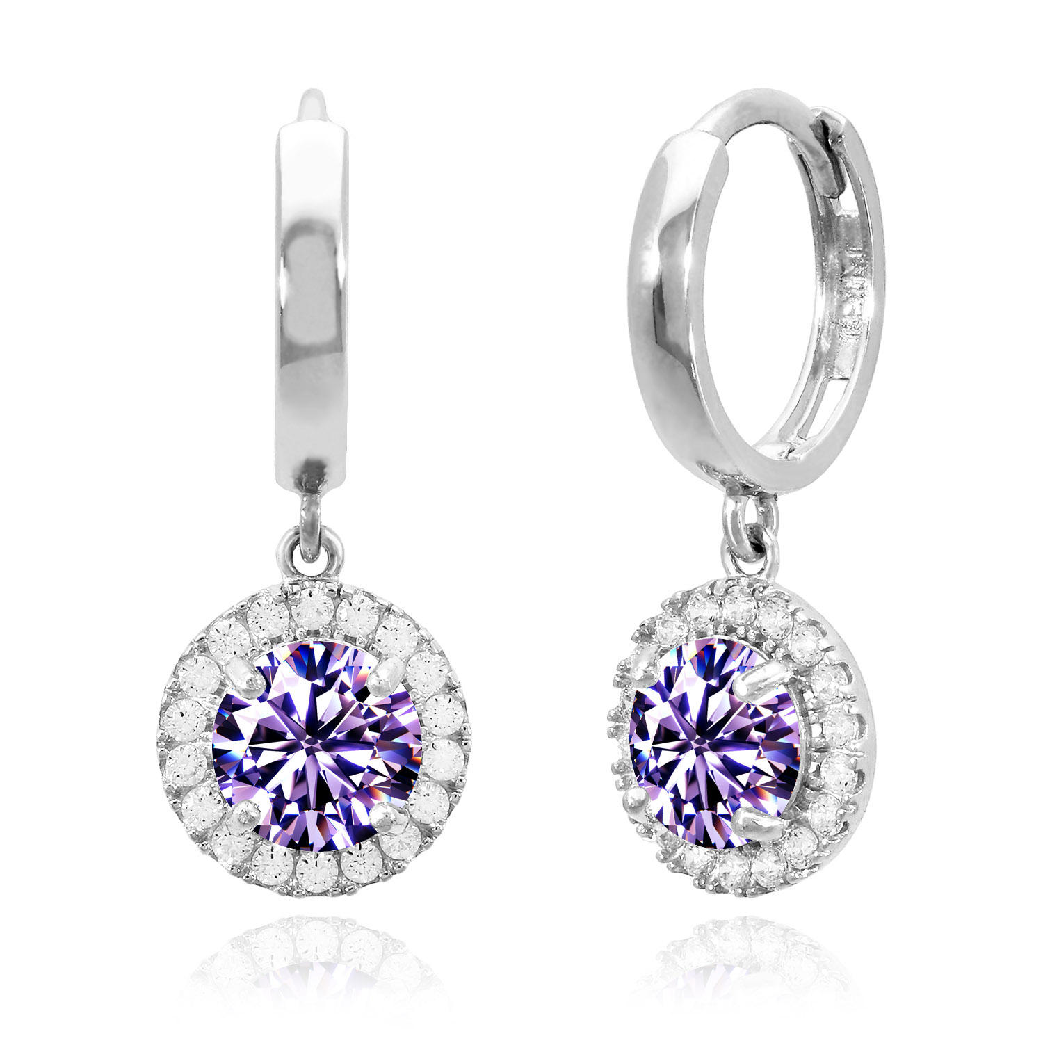 14K White Gold Halo Dangling Simulated Diamond Gemstone Huggie Hoop Earrings - February - Amethyst