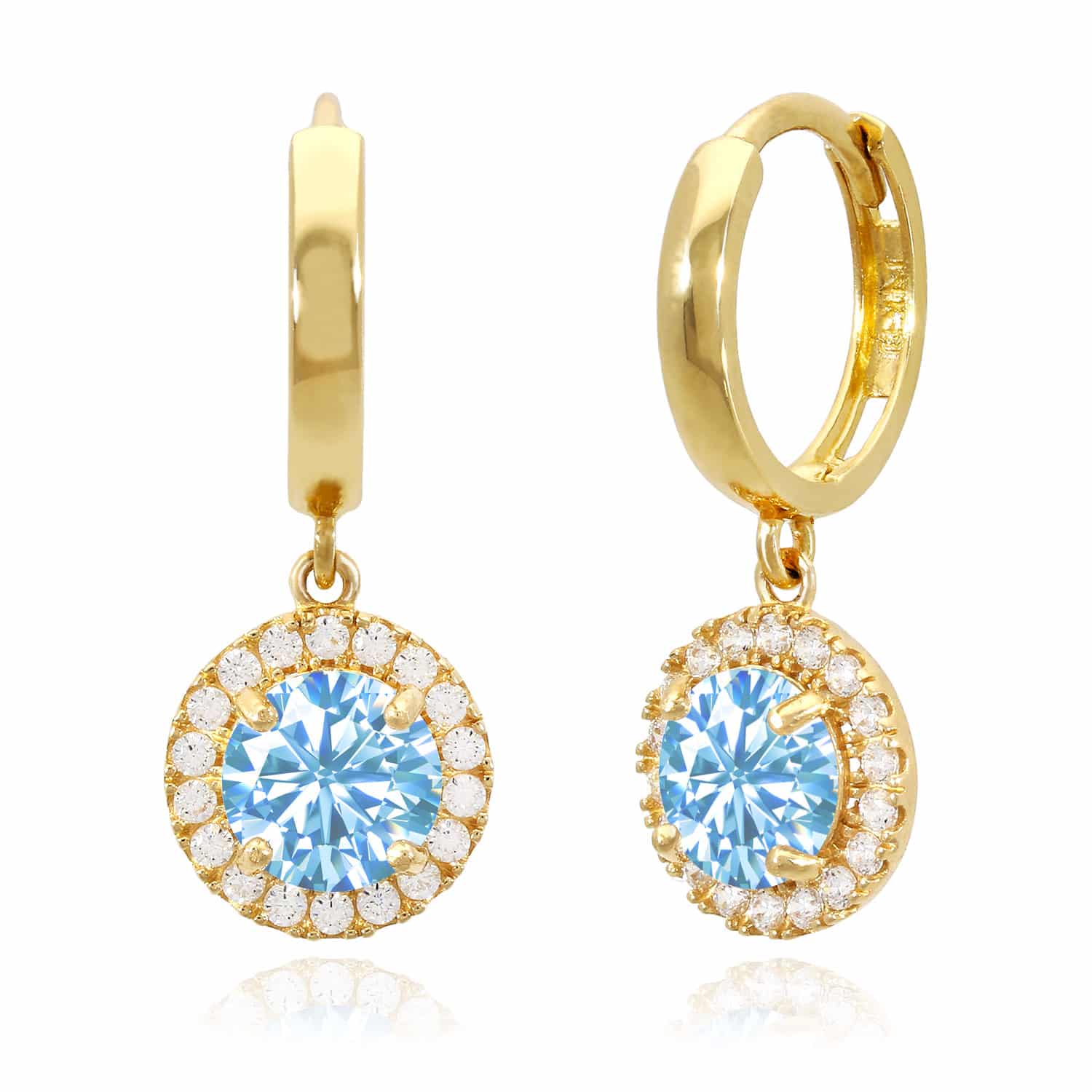 14K Yellow Gold Halo Dangling Simulated Diamond Gemstone Huggie Hoop Earrings - March - Aquamarine