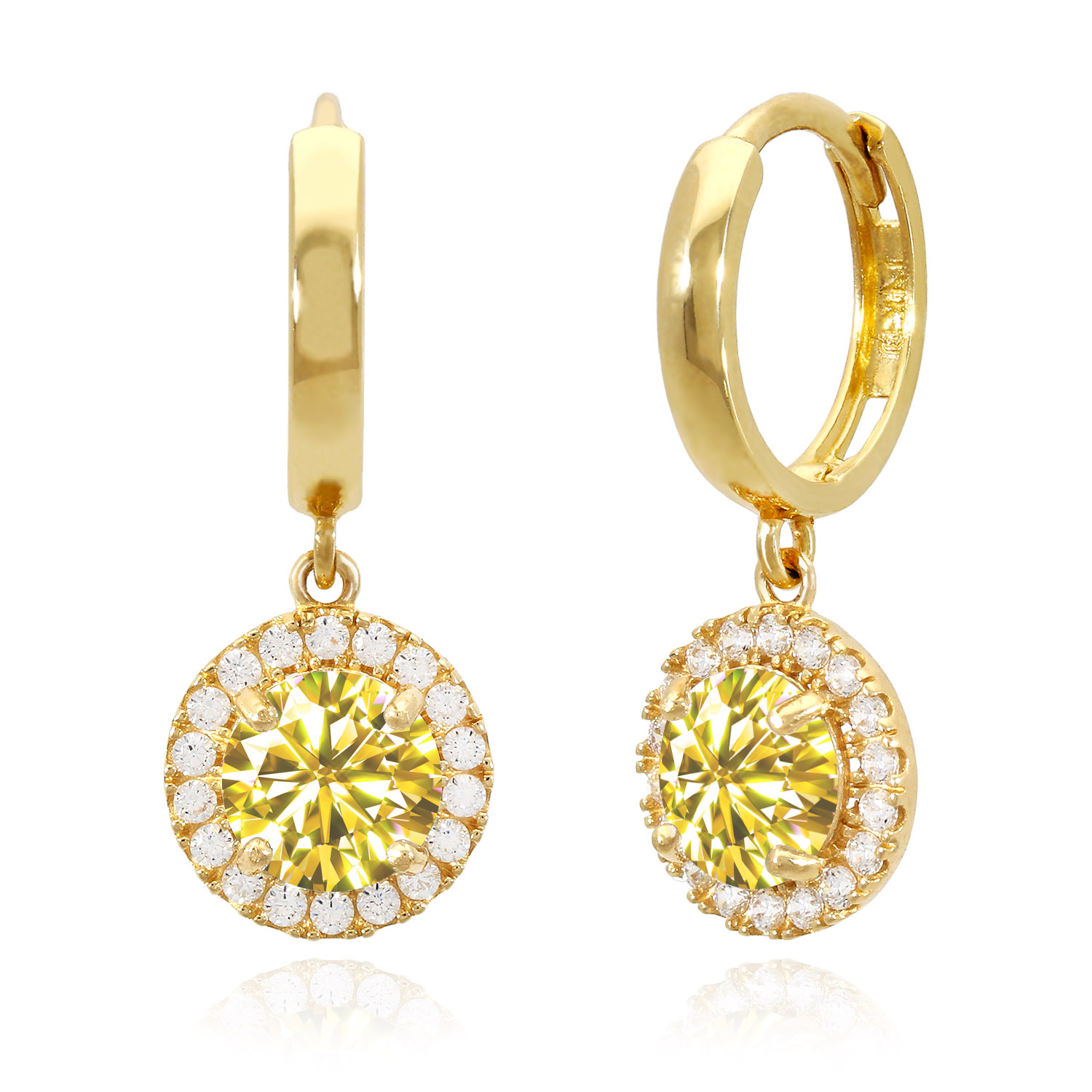 14K Yellow Gold Halo Dangling Simulated Diamond Gemstone Huggie Hoop Earrings - November - Citrine