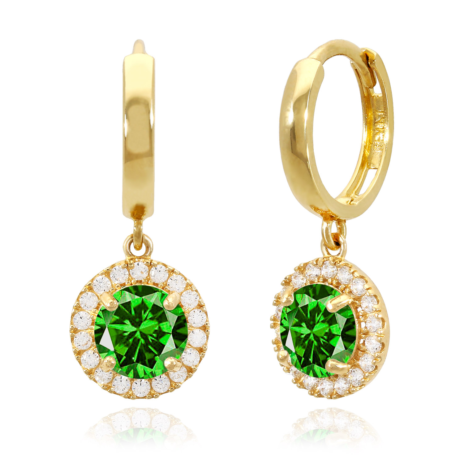 14K Yellow Gold Halo Dangling Simulated Diamond Gemstone Huggie Hoop Earrings - May - Emerald