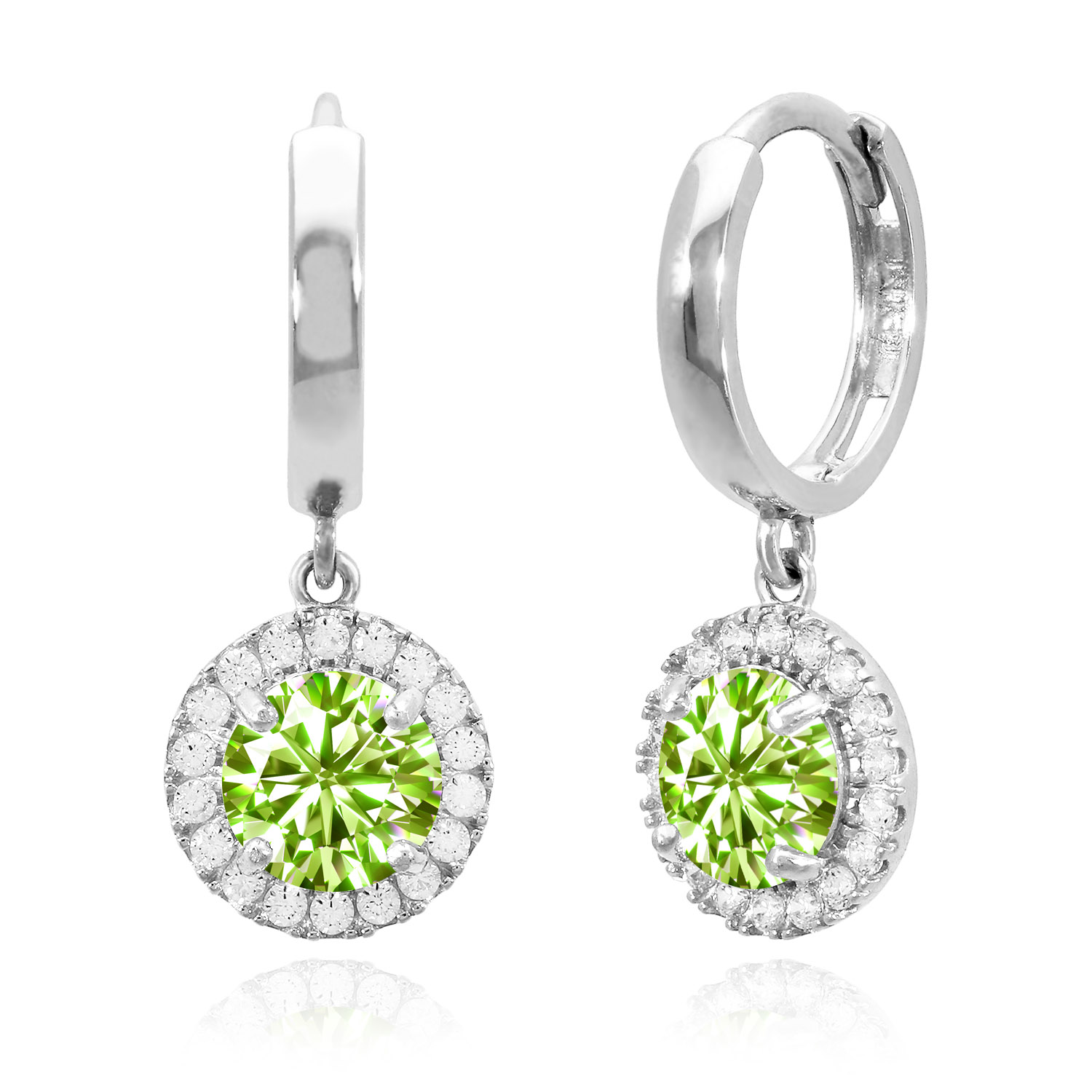 14K White Gold Halo Dangling Simulated Diamond Gemstone Huggie Hoop Earrings - August - Peridot