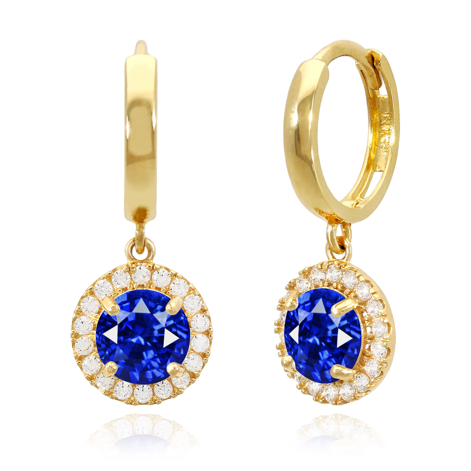 14K Yellow Gold Halo Dangling Simulated Diamond Gemstone Huggie Hoop Earrings - September - Sapphire