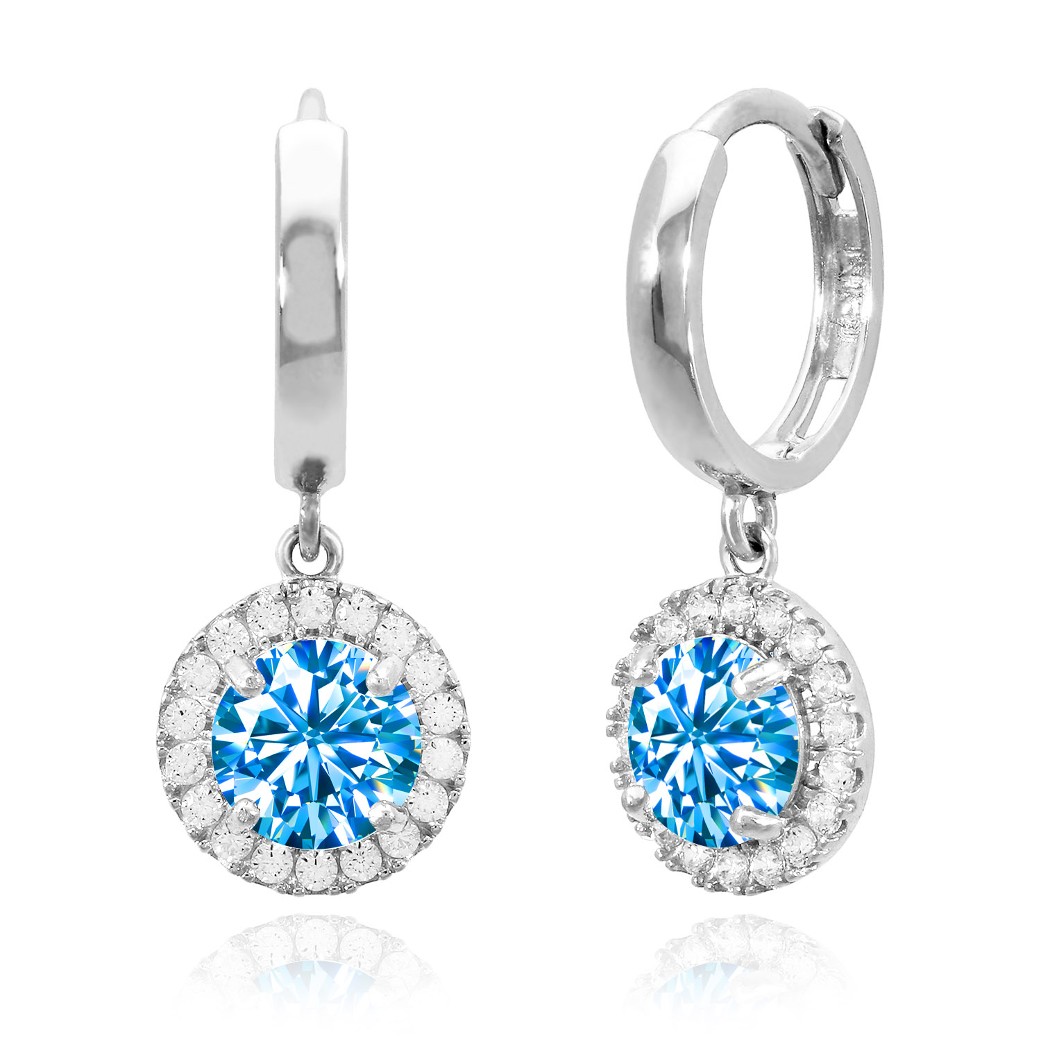 14K White Gold Halo Dangling Simulated Diamond Gemstone Huggie Hoop Earrings - December - Blue Topaz