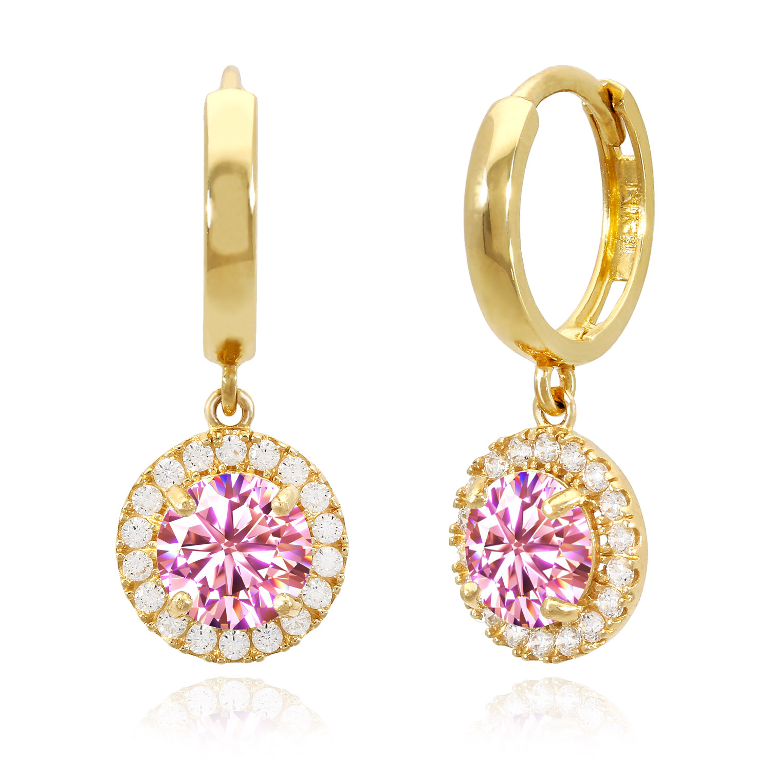 14K Yellow Gold Halo Dangling Simulated Diamond Gemstone Huggie Hoop Earrings - October - Pink Tourmaline