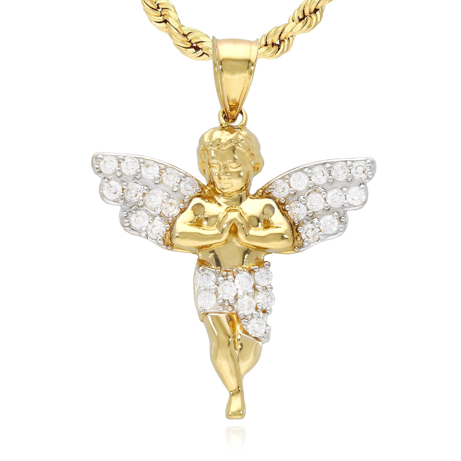 14K Solid Yellow Gold Simulated Diamond Religious Baby Angel Charm Pendant - Small