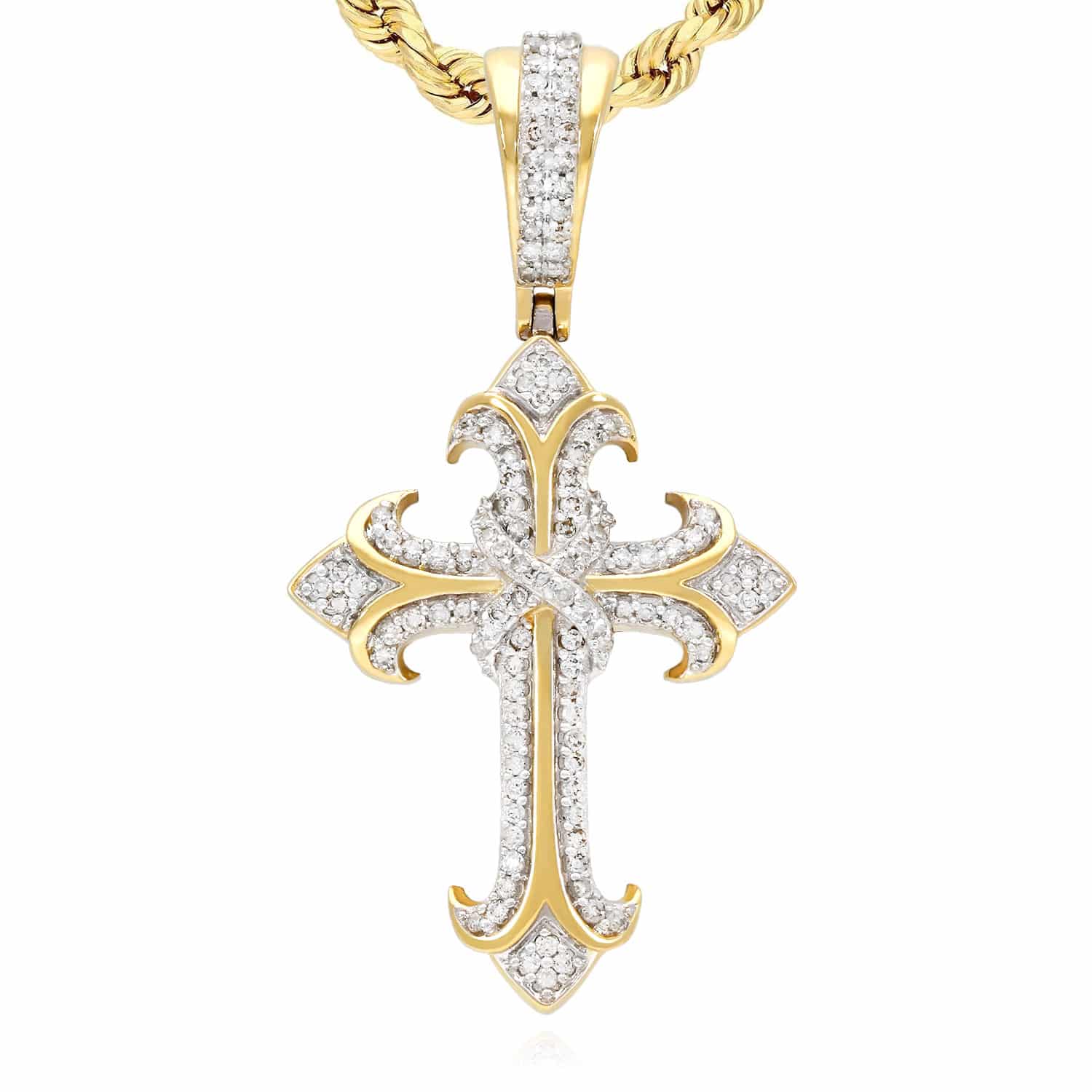 0.42CT TW. Natural Diamond Religious Cross Pendant 10K Yellow Gold 0.75"