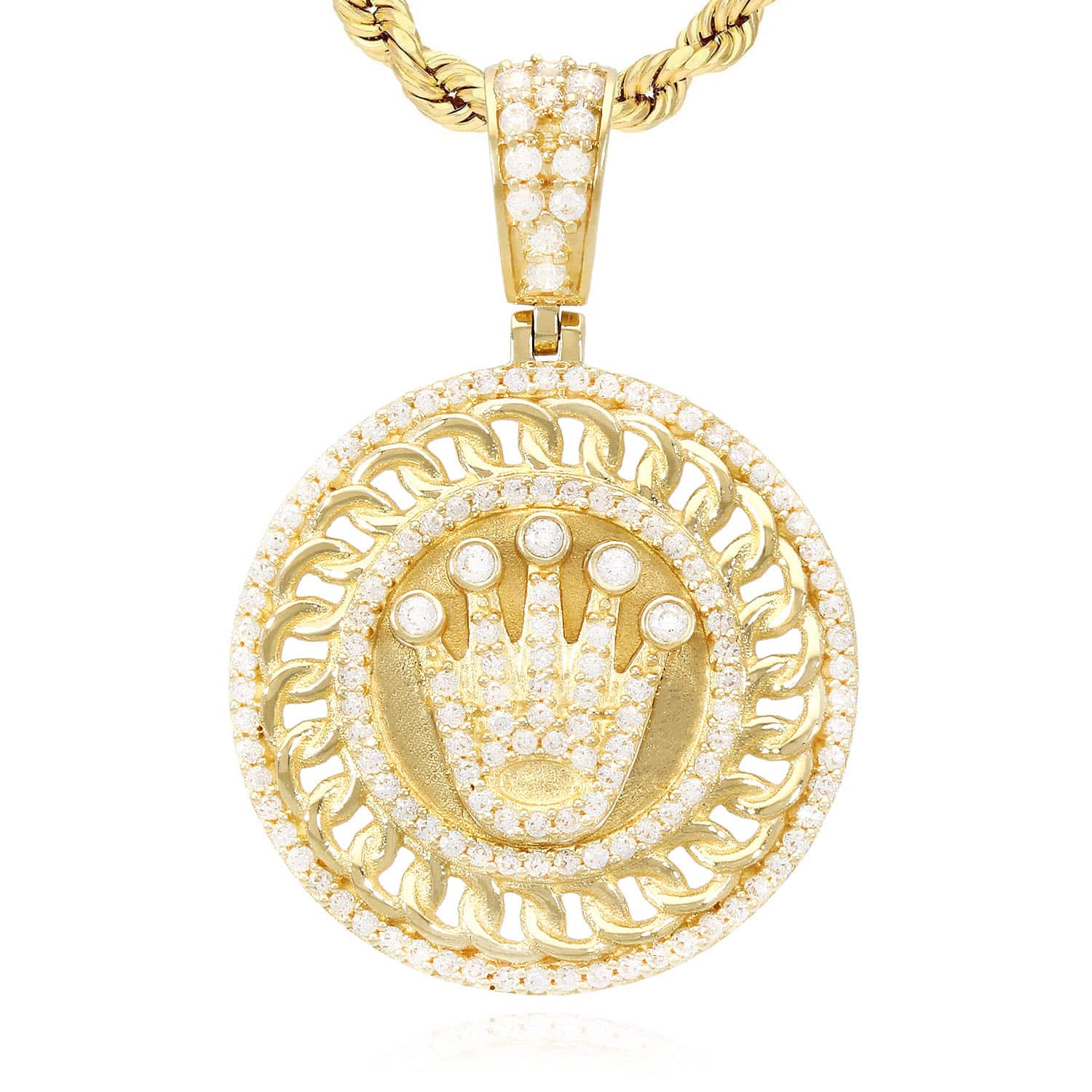 14K Yellow Gold Simulated Diamond Crown Round Medallion Pendant 1.46"