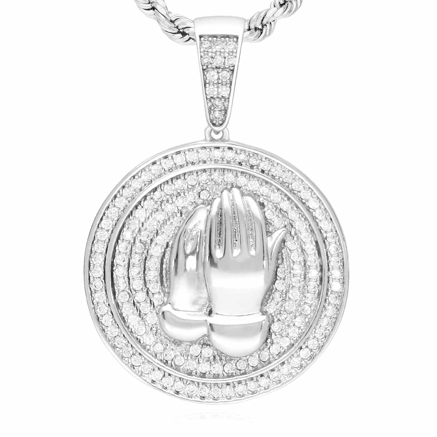 14k Gold Over Silver Simulated Diamond Praying Hands Medallion Pendant 1.38" - White Gold Plated