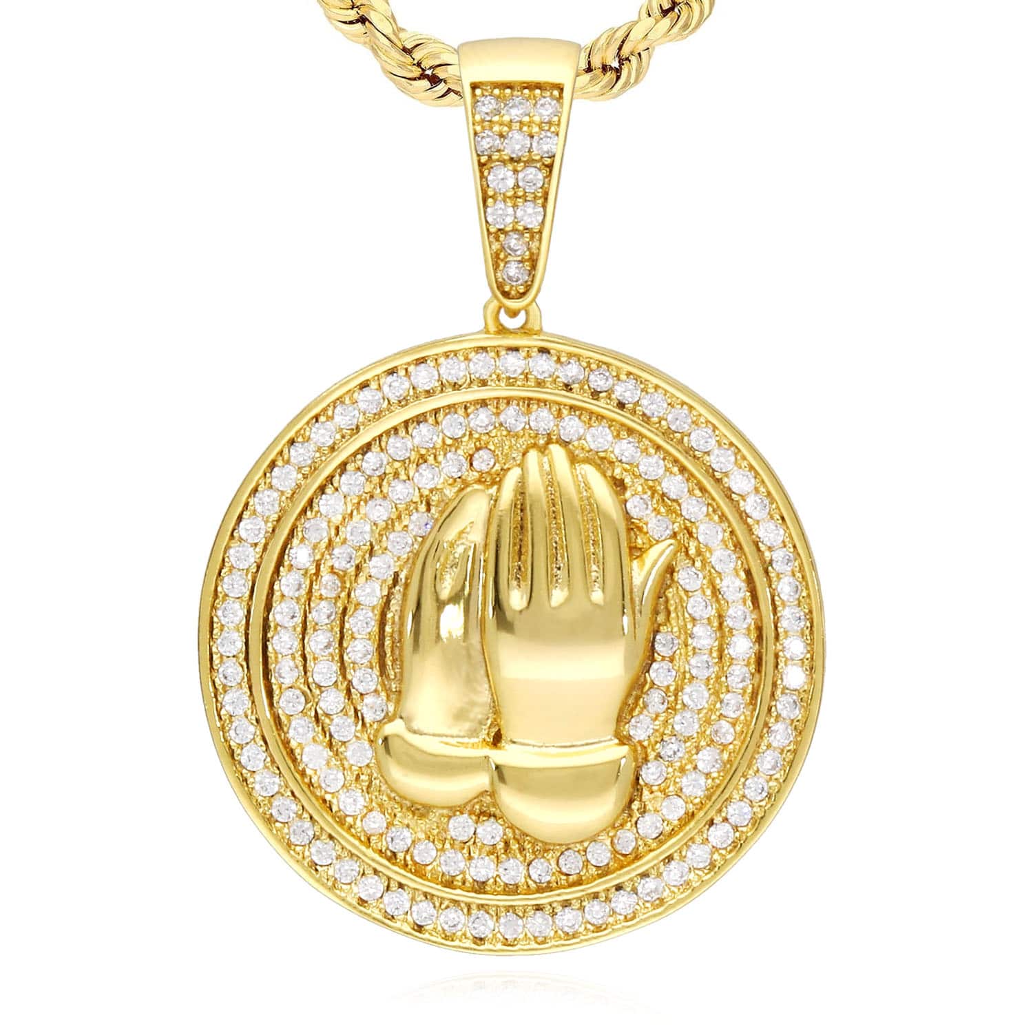 14k Gold Over Silver Simulated Diamond Praying Hands Medallion Pendant 1.38" - Yellow Gold Plated