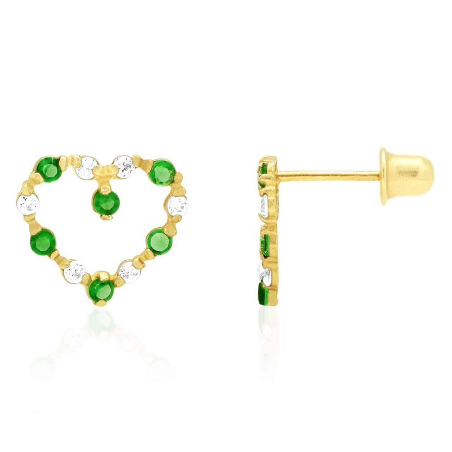 0.75CTW Simulated Gemstone 14k Yellow Gold Heart Screw Back Stud Earrings - May - Emerald