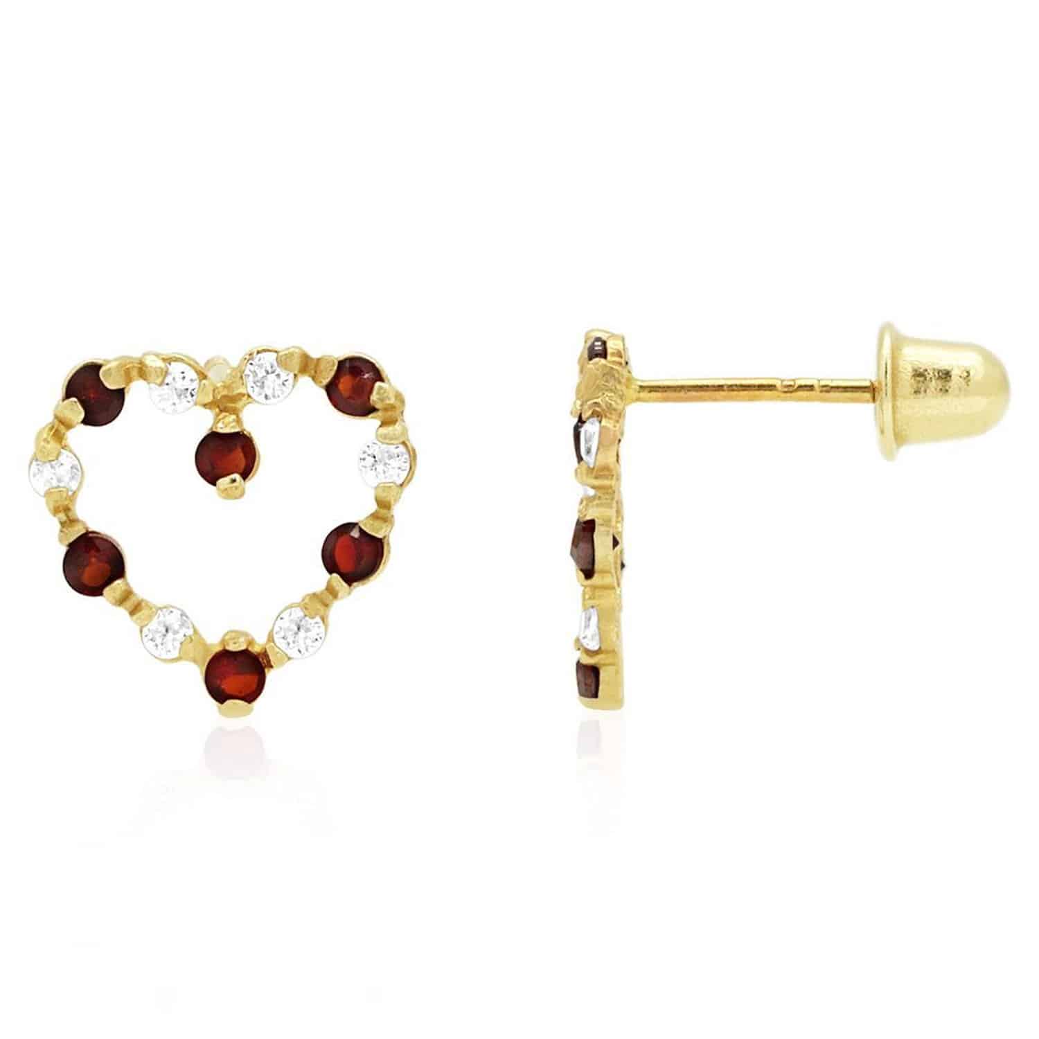 0.75CTW Simulated Gemstone 14k Yellow Gold Heart Screw Back Stud Earrings - January - Garnet