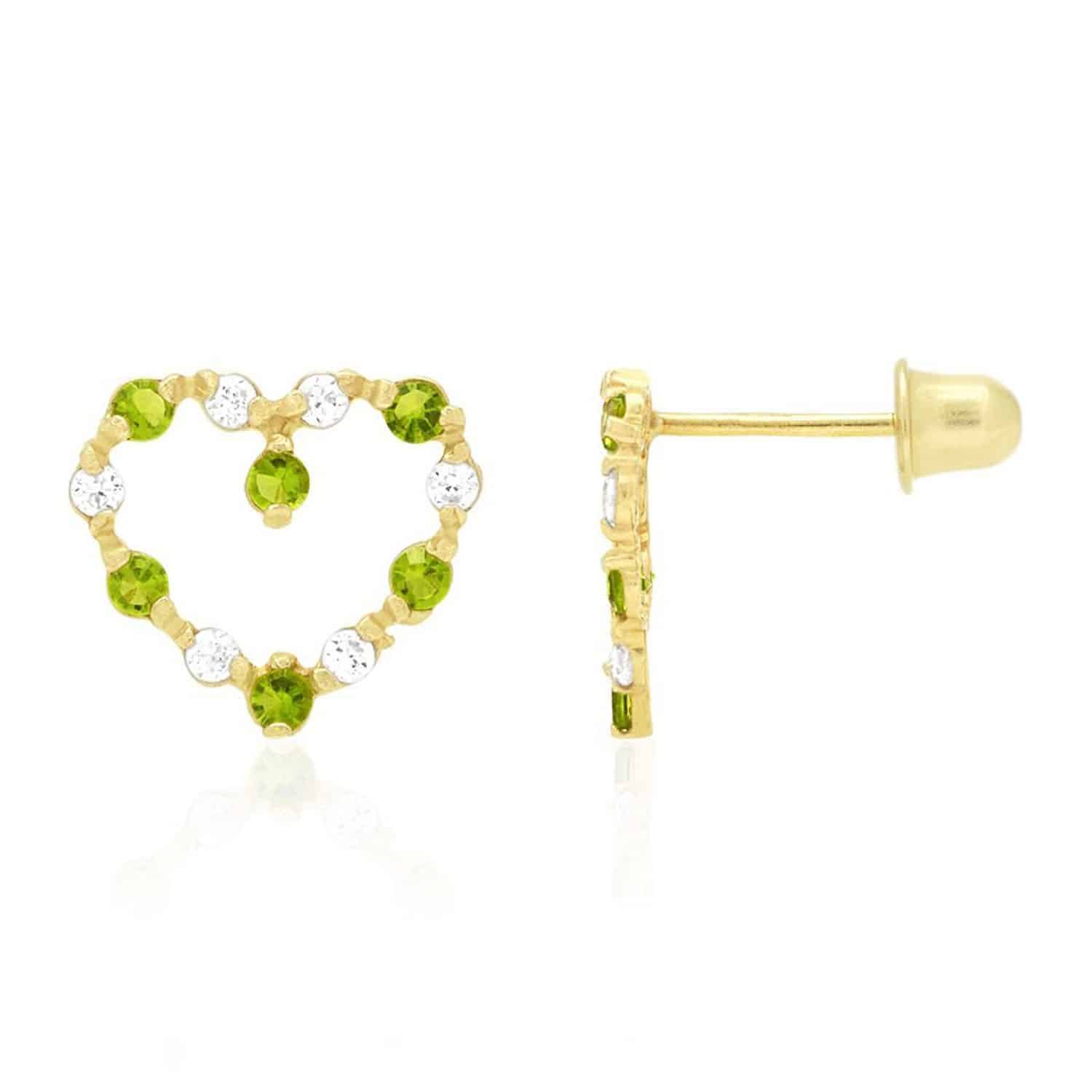 0.75CTW Simulated Gemstone 14k Yellow Gold Heart Screw Back Stud Earrings - August - Peridot