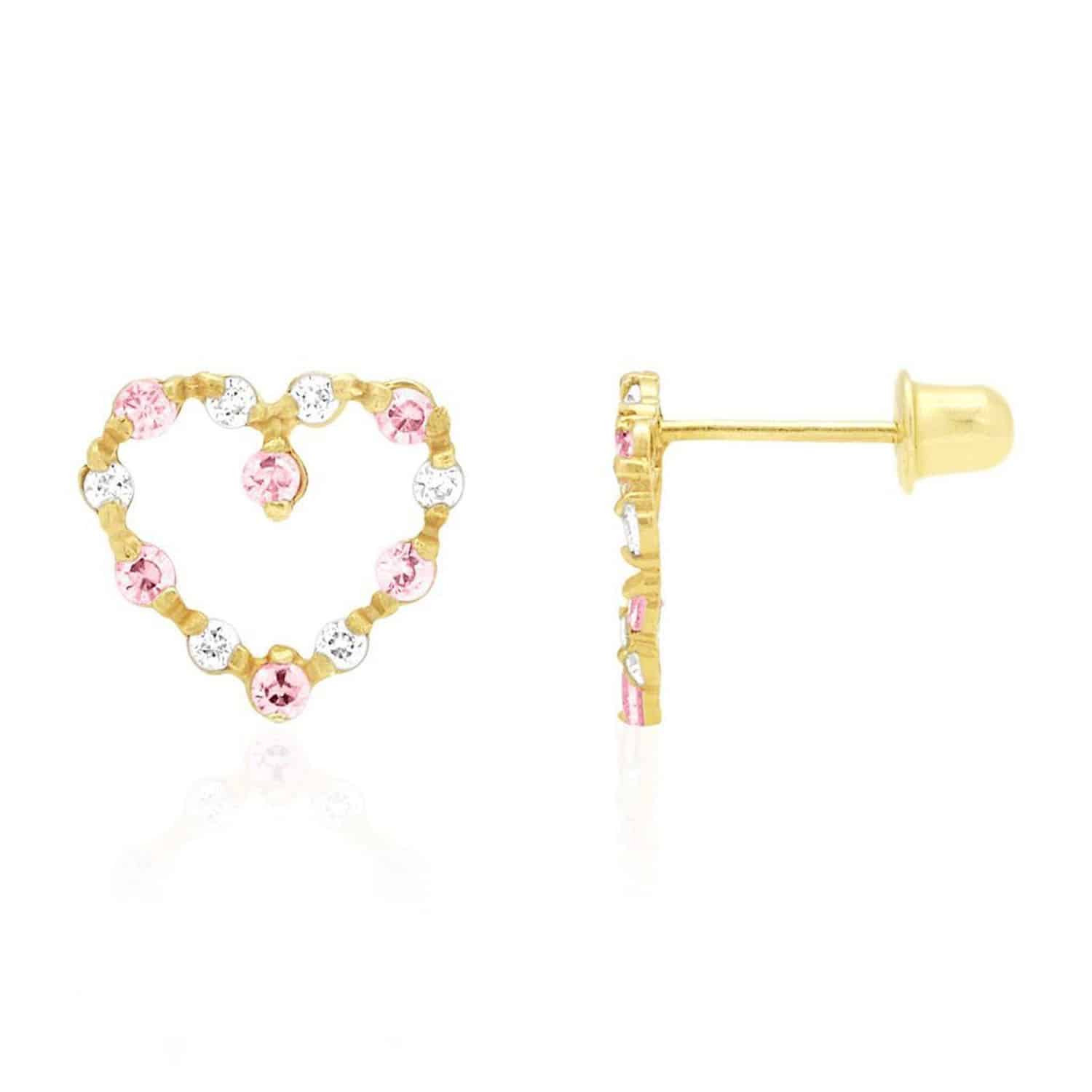 0.75CTW Simulated Gemstone 14k Yellow Gold Heart Screw Back Stud Earrings - October - Pink Tourmaline