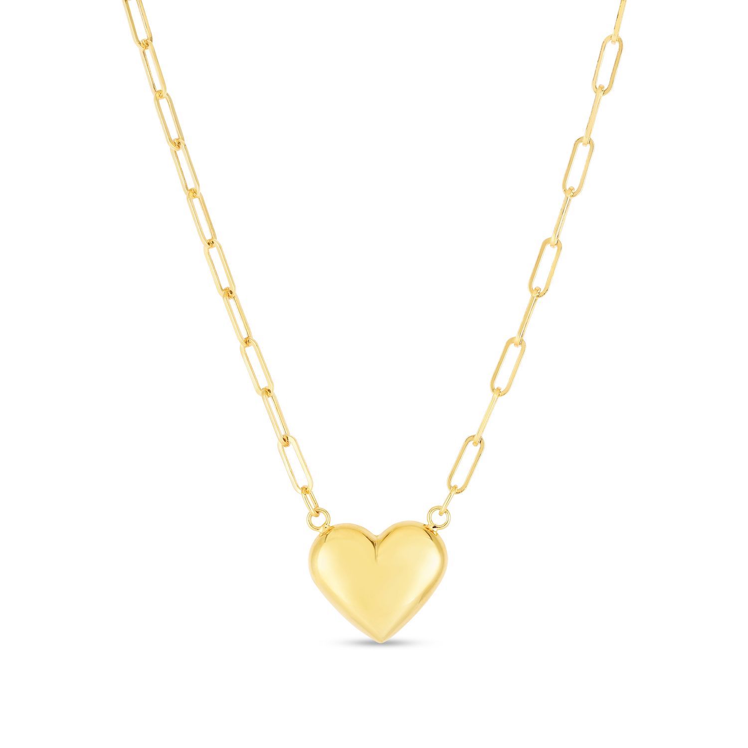 14K Yellow Gold Puffed Heart Pendant 2.5mm Paperclip Necklace 18"
