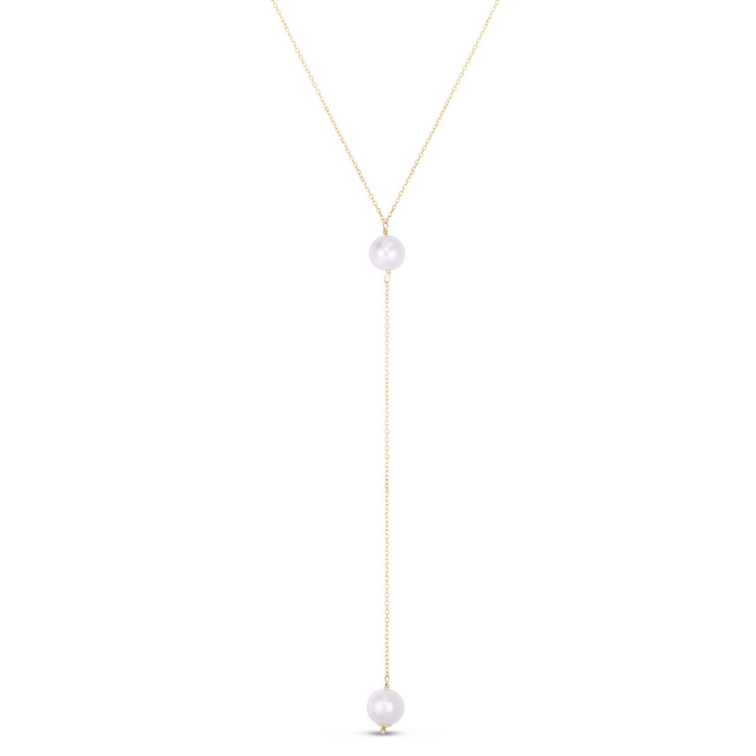 14K Yellow Gold .5mm Cable Chain Necklace 17" Cultured Pearl Drop Lariat Pendant