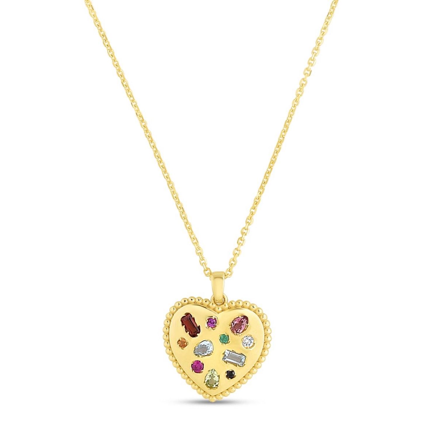 0.02CT Natural Diamond 14K Yellow Gold Gemstone Inlay Heart Necklace 16"-18" Adj