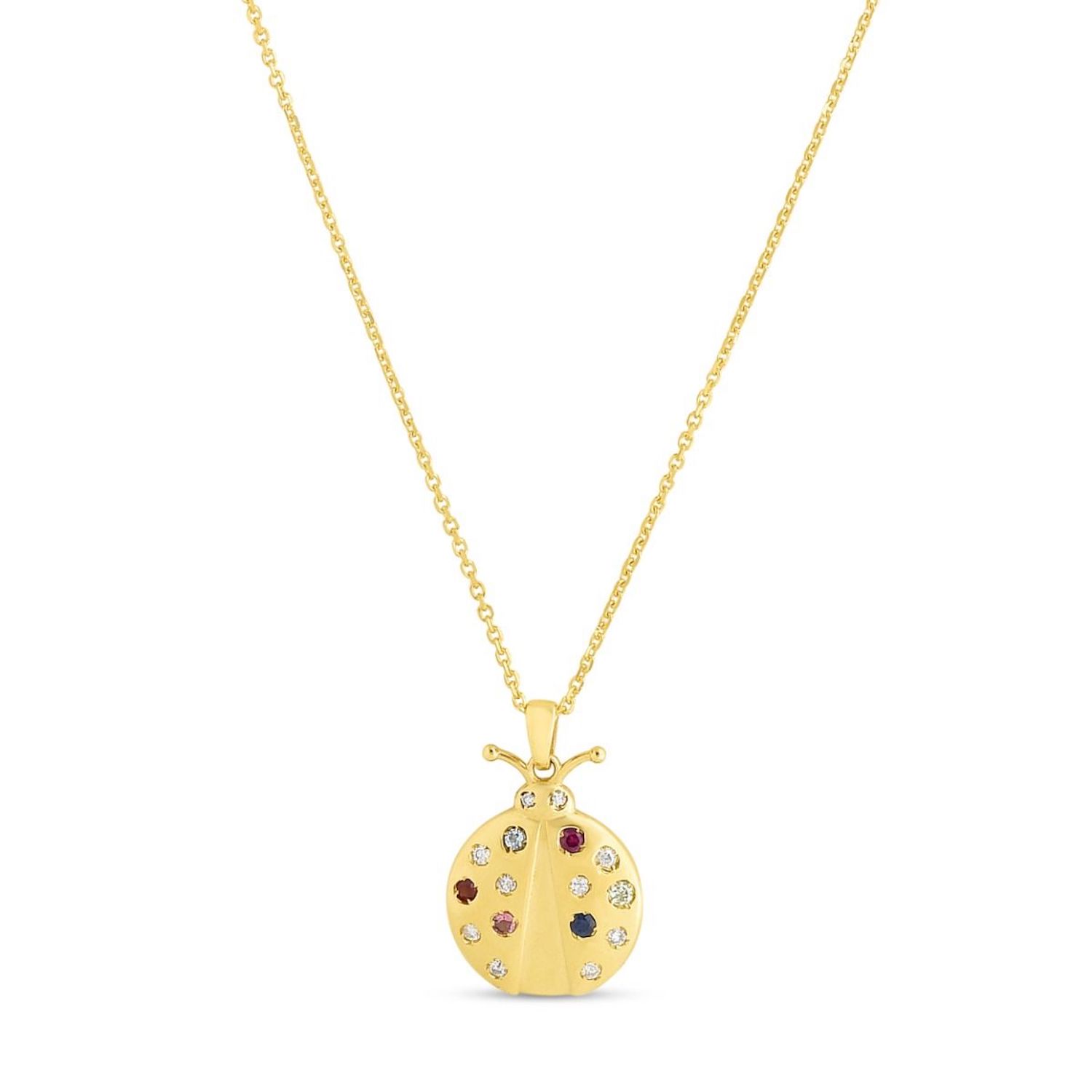 0.10CTW Natural Diamond 14K Gold Gemstone Inlay Ladybug Pendant Necklace 16"-18"