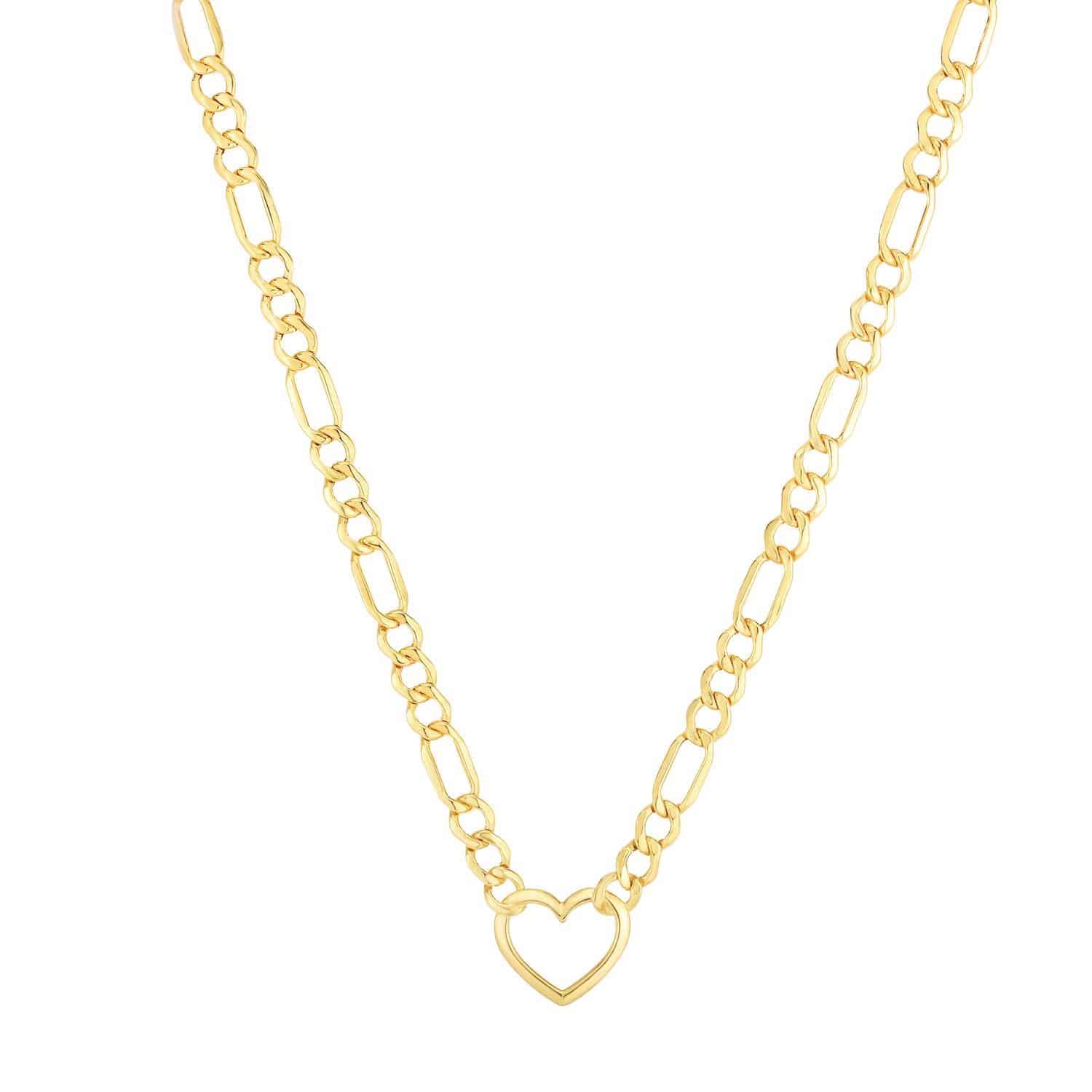 14K Yellow Gold Open Heart Pendant Figaro Chain Necklace 18"