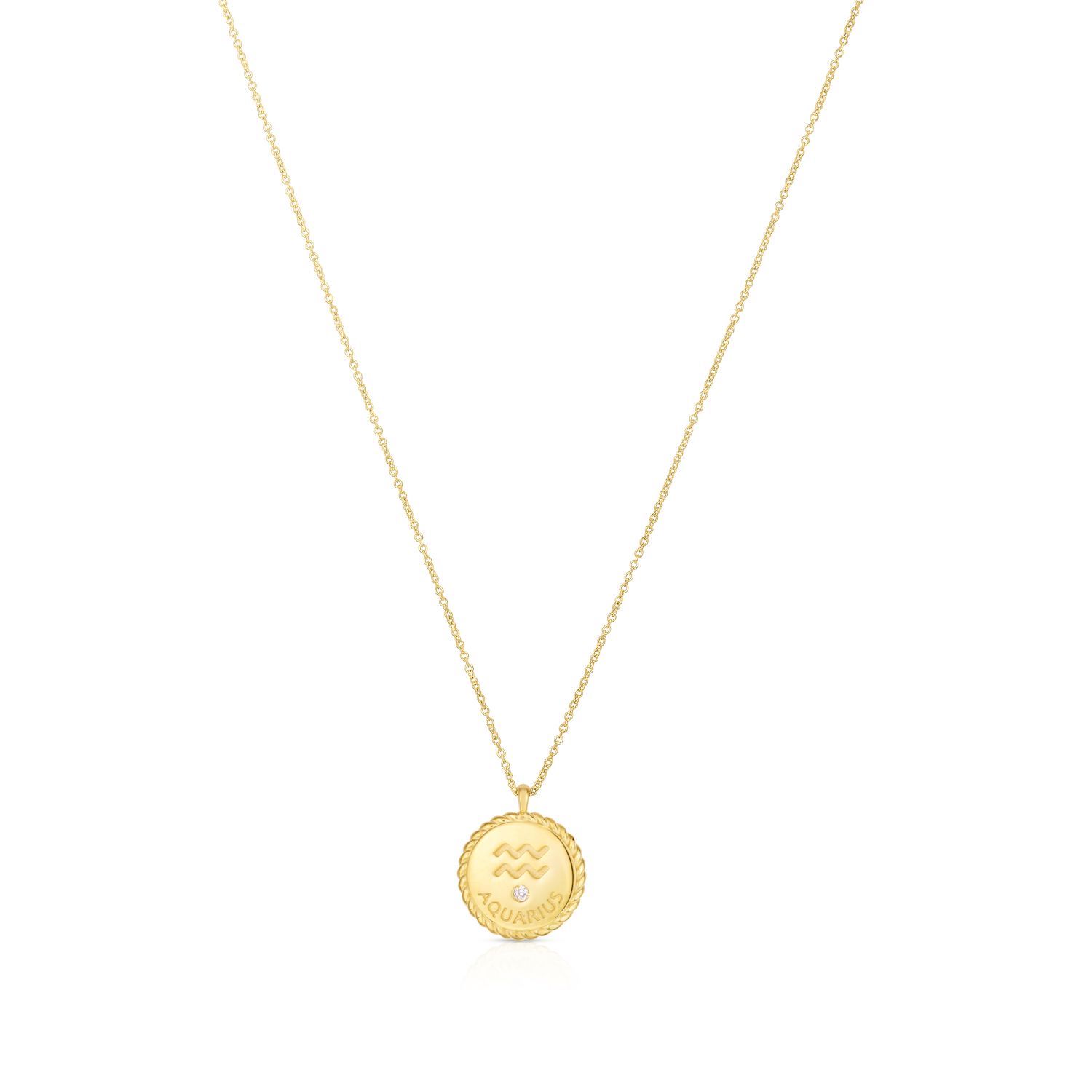 .01Ct Natural Diamond 14K Gold Zodiac Sign Medallion Pendant Necklace 16"-18" - Aquarius