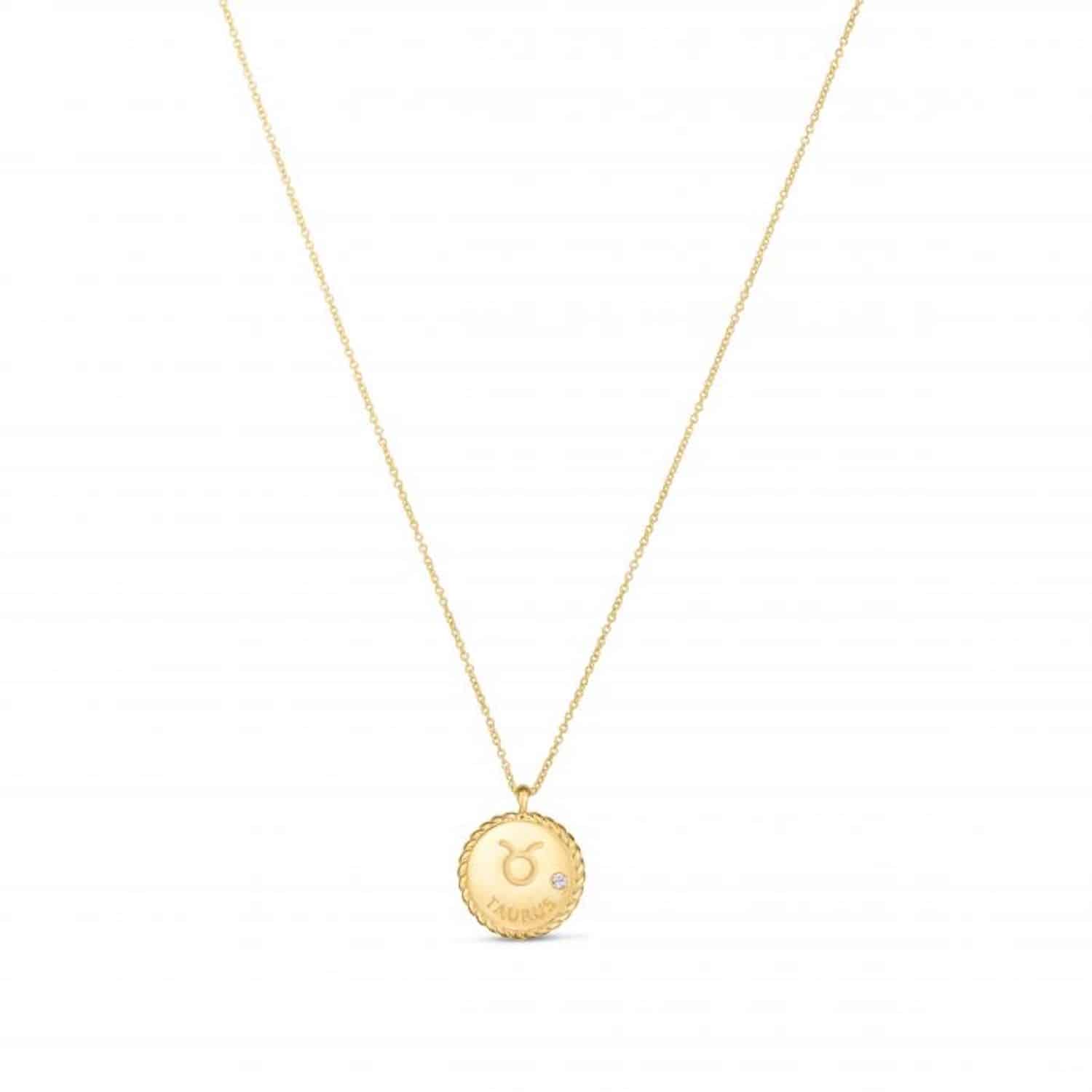 .01Ct Natural Diamond 14K Gold Zodiac Sign Medallion Pendant Necklace 16"-18" - Taurus