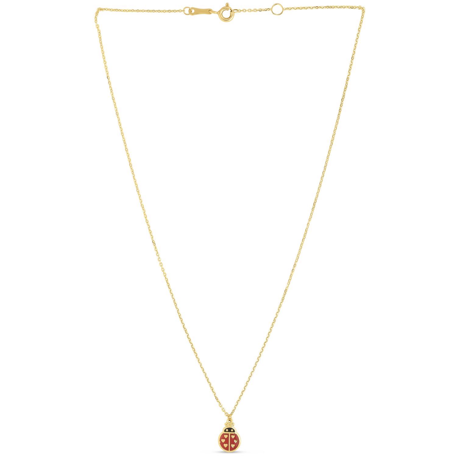14K Yellow Gold Enamel Ladybug Pendant Cable Chain Necklace 16"-18" Adjustable
