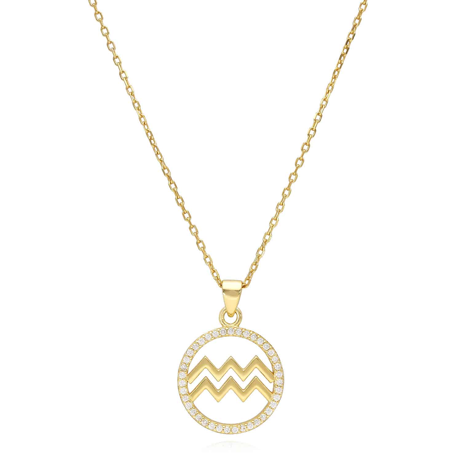 18K Gold Over Silver Simulated Diamond Zodiac Charm Pendant Necklace 16"-18" Adj - Aquarius