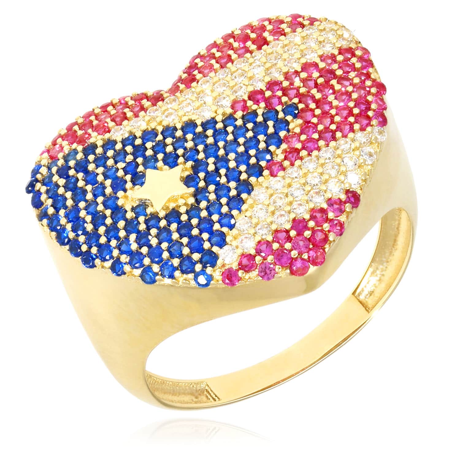 14K Yellow Gold Simulated Diamond Gemstone Heart Puerto Rico Flag Ring - 7.5