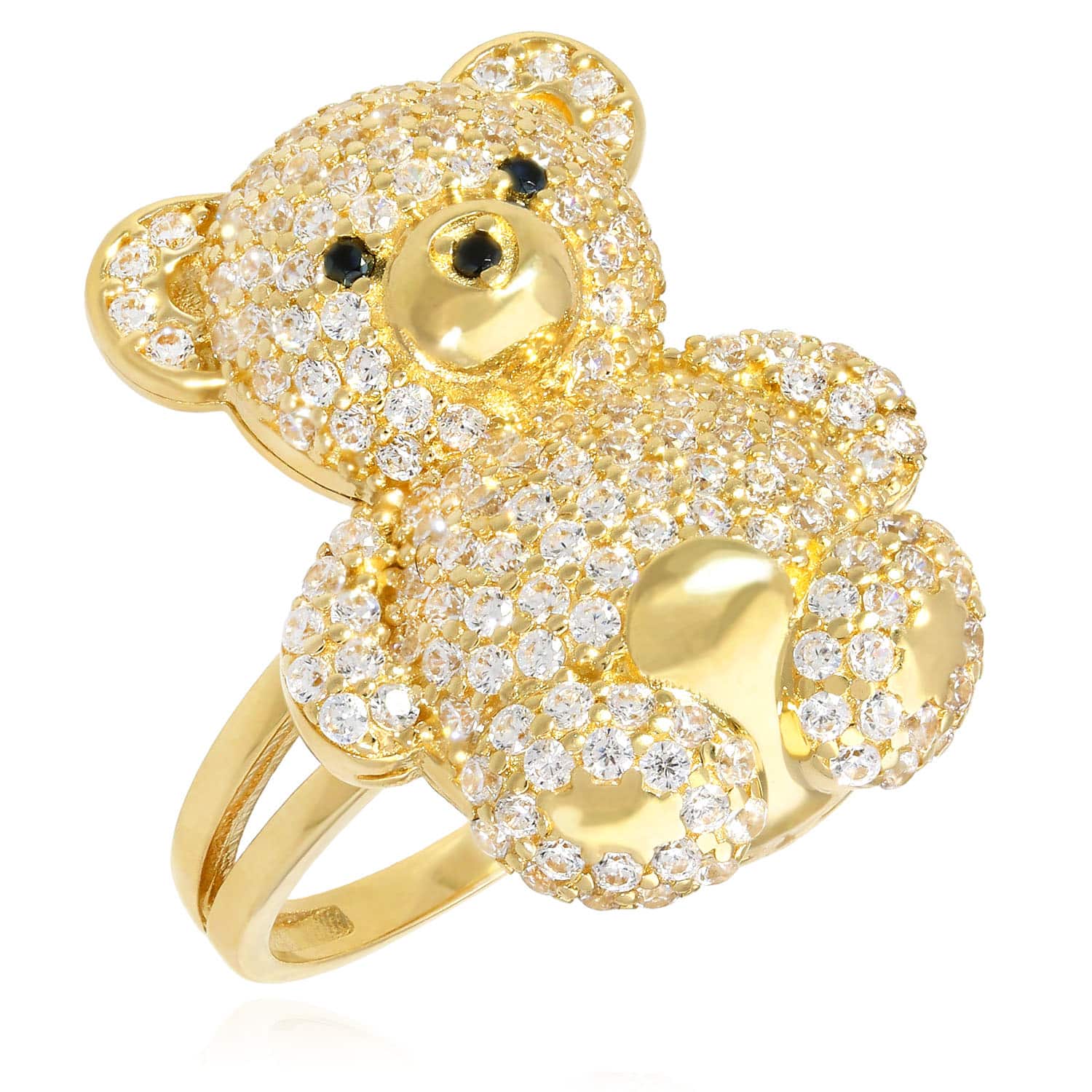 14K Yellow Gold Simulated Diamond Pave Puffed Teddy Bear Ring | WJD  Exclusives