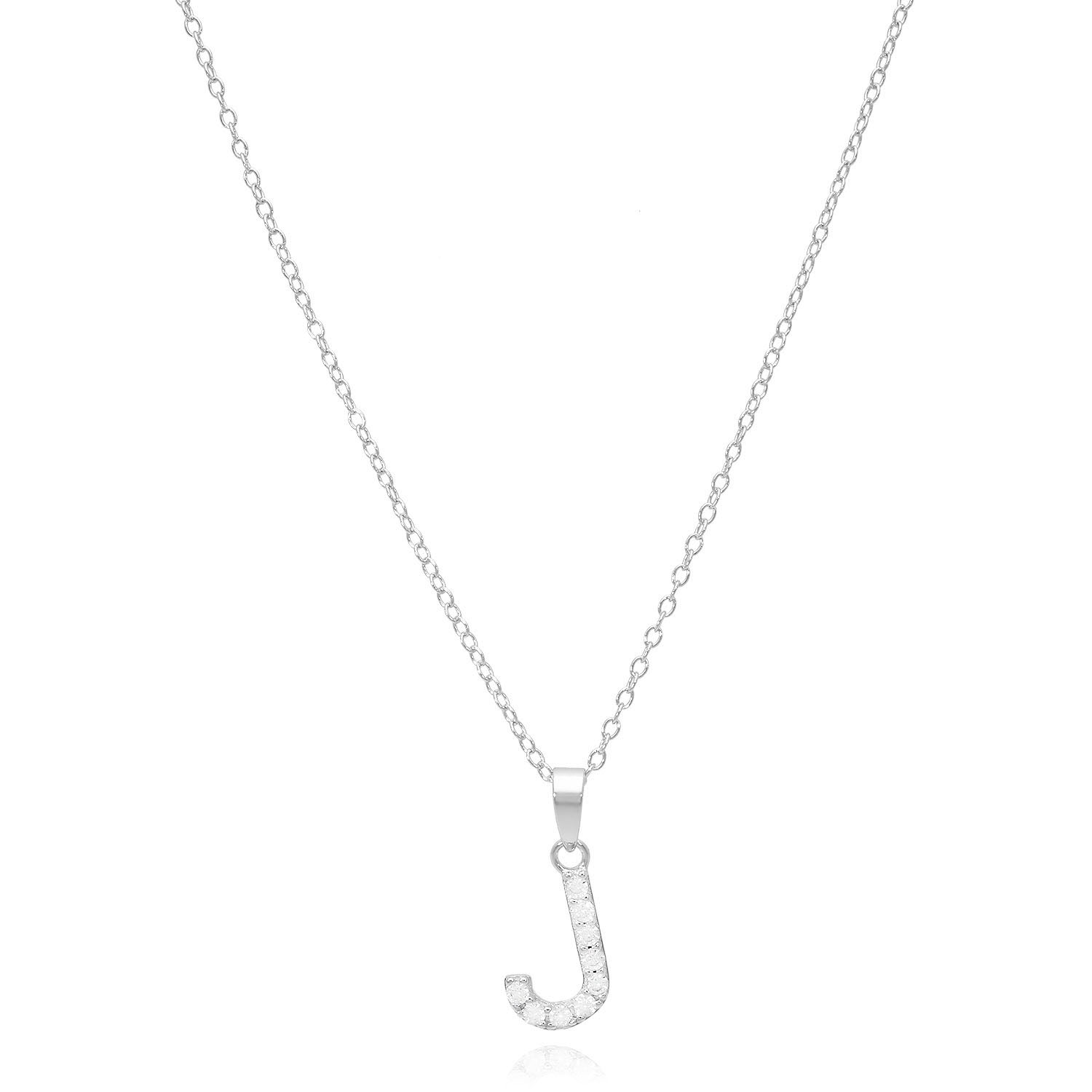 Sterling Silver Simulated Diamond Initial Pendant Chain Necklace 18" - J