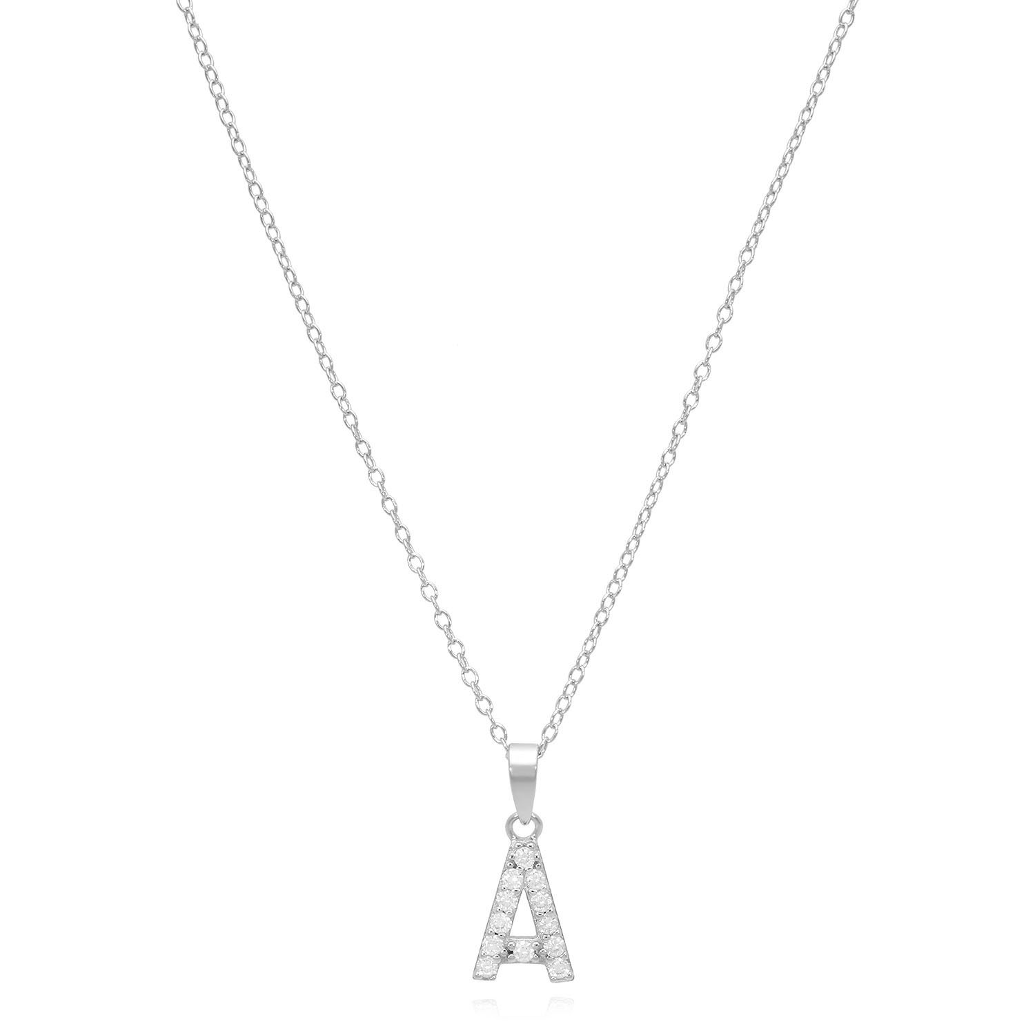 Sterling Silver Simulated Diamond Initial Pendant Chain Necklace 18" - A