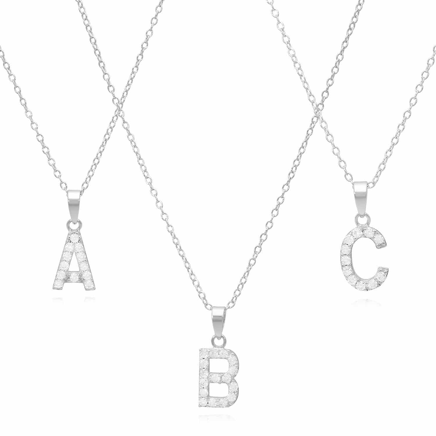 Sterling Silver Simulated Diamond Initial Pendant Chain Necklace 18" - E