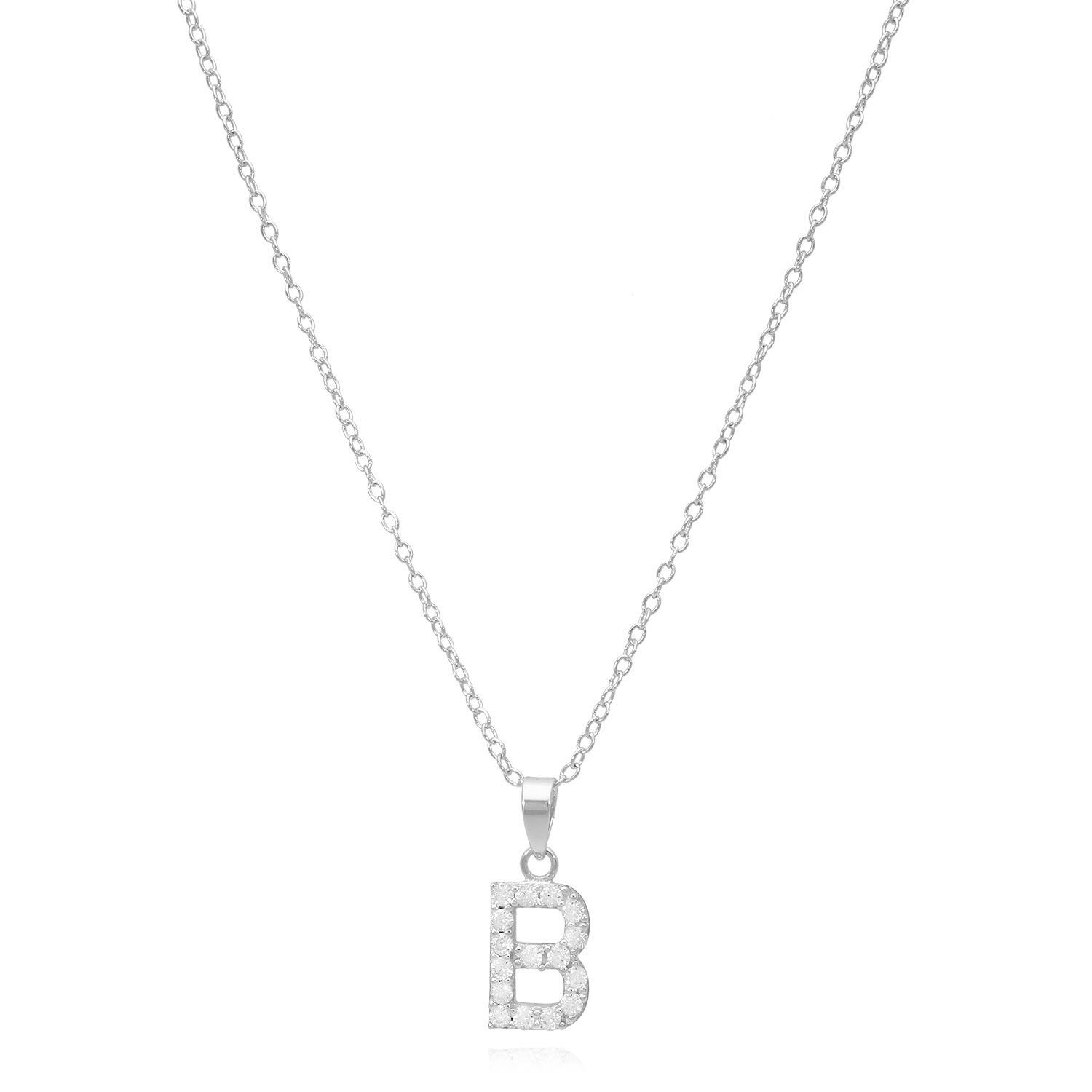 Sterling Silver Simulated Diamond Initial Pendant Chain Necklace 18" - B
