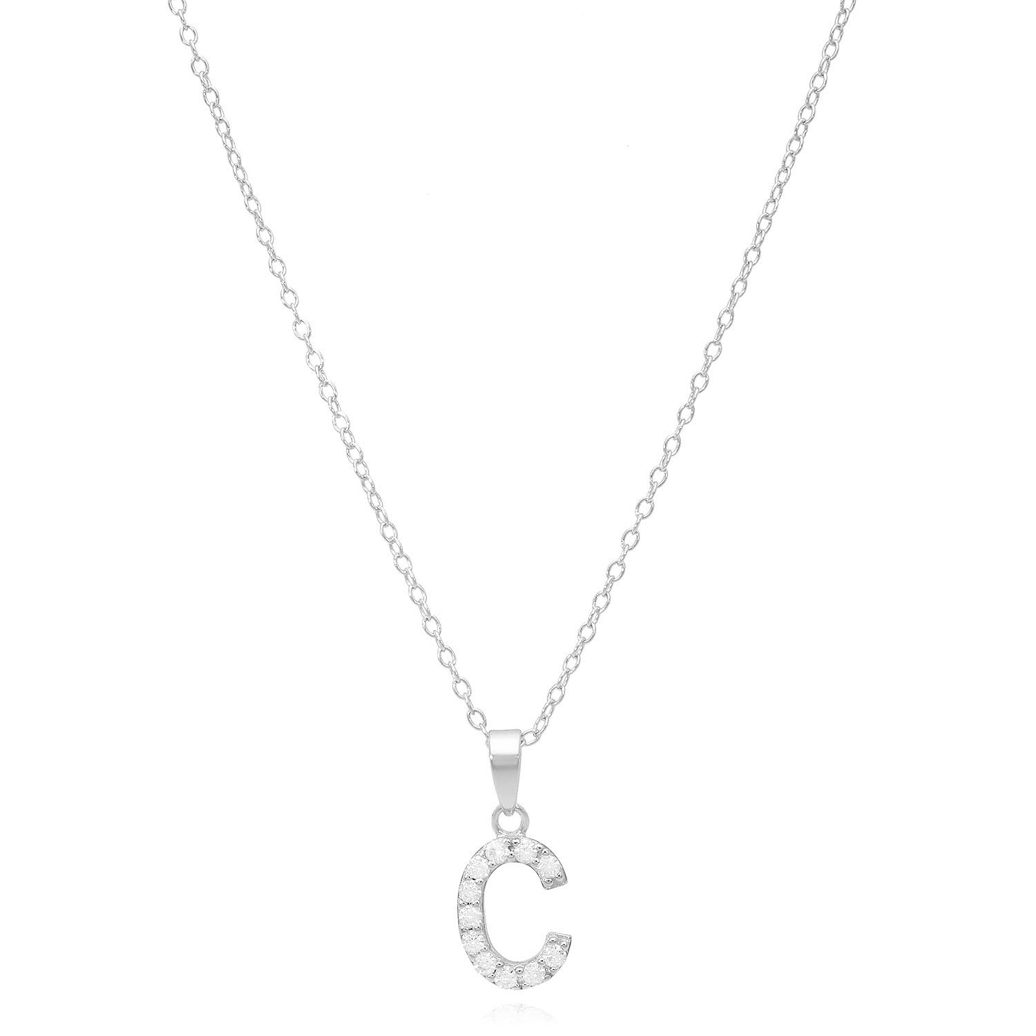 Sterling Silver Simulated Diamond Initial Pendant Chain Necklace 18" - C