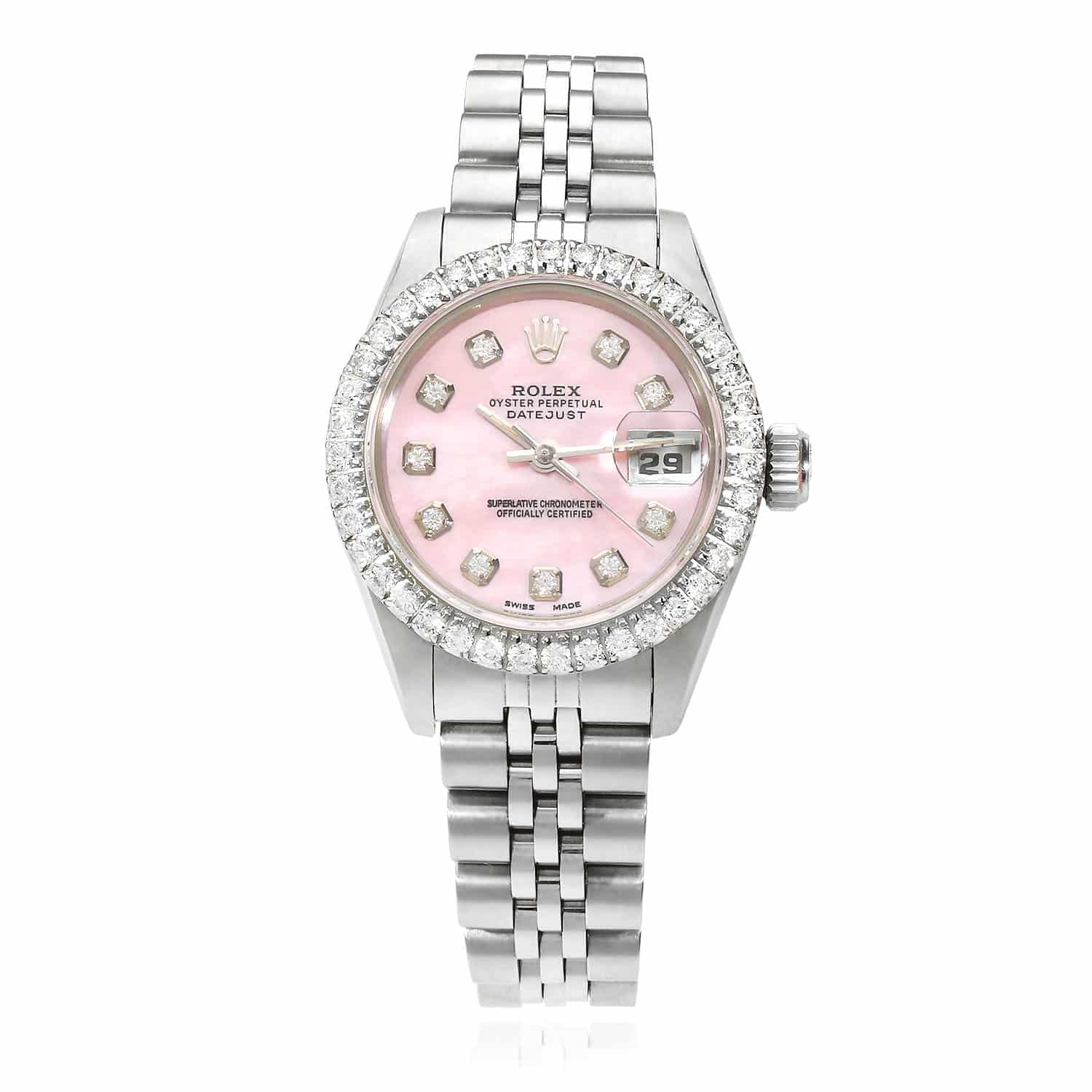 Rolex Datejust Custom Pink MOP Natural Diamond Dial Bezel Band 26mm Watch