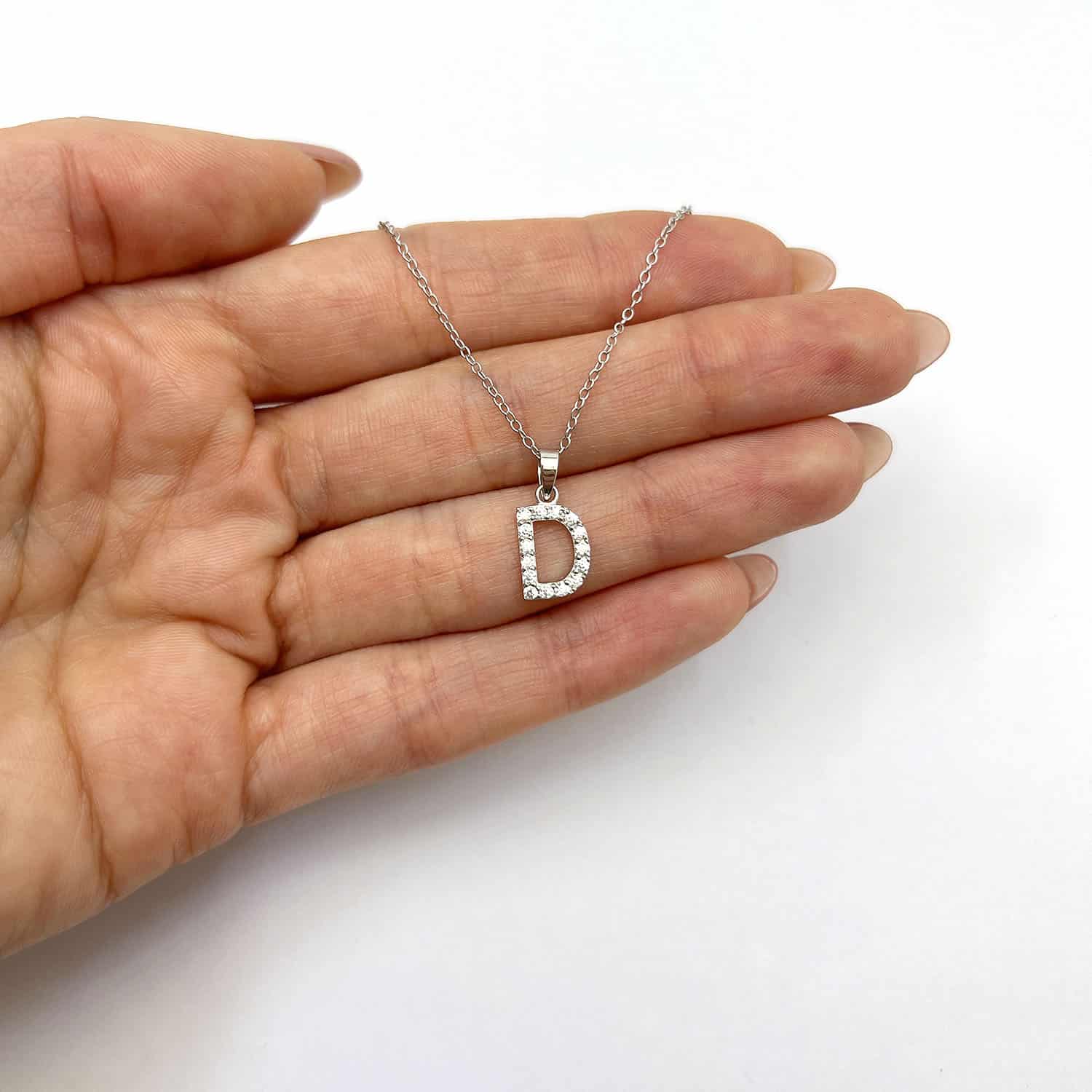 Sterling Silver Simulated Diamond Initial Pendant Chain Necklace 18" - D
