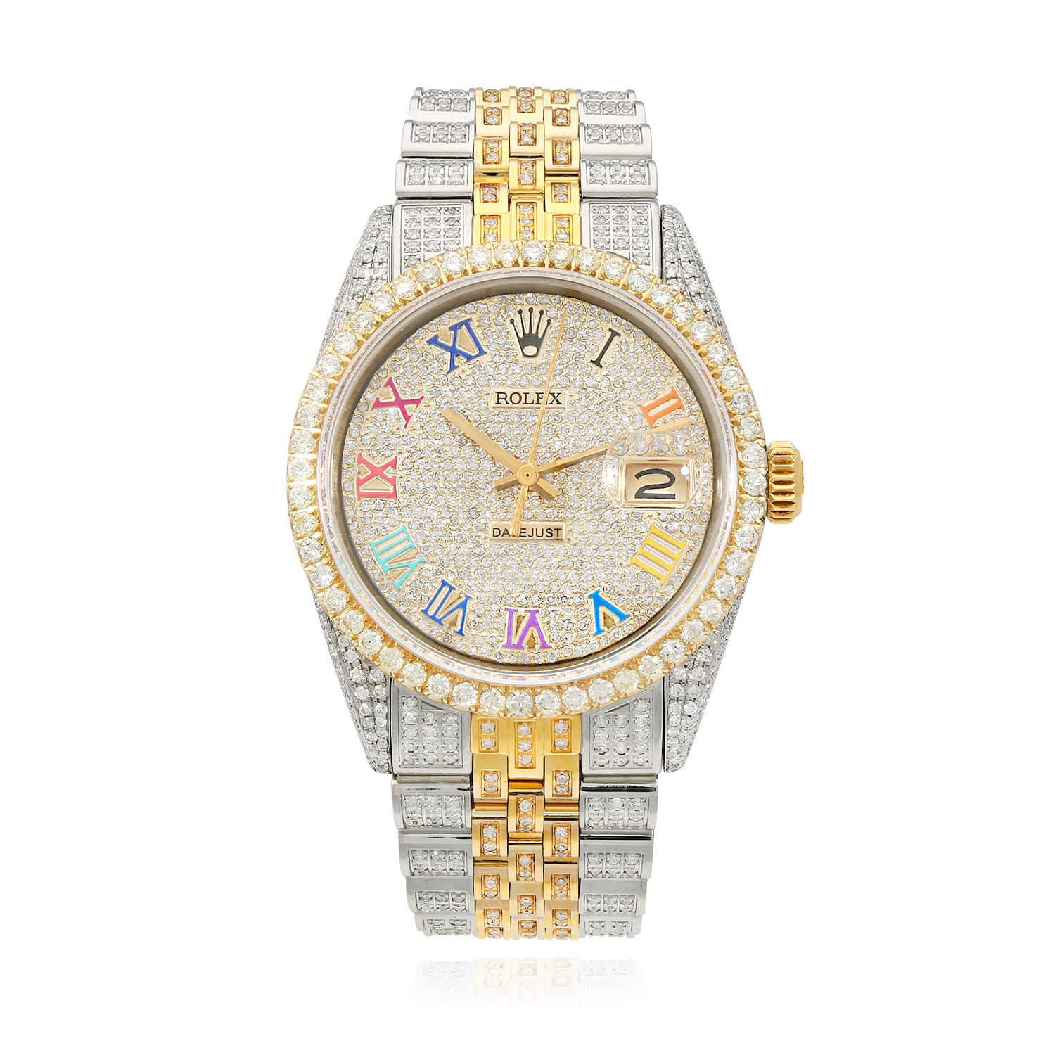 Rolex Datejust Custom Iced Rainbow Roman Diamond Dial Jubilee Band 36mm Watch