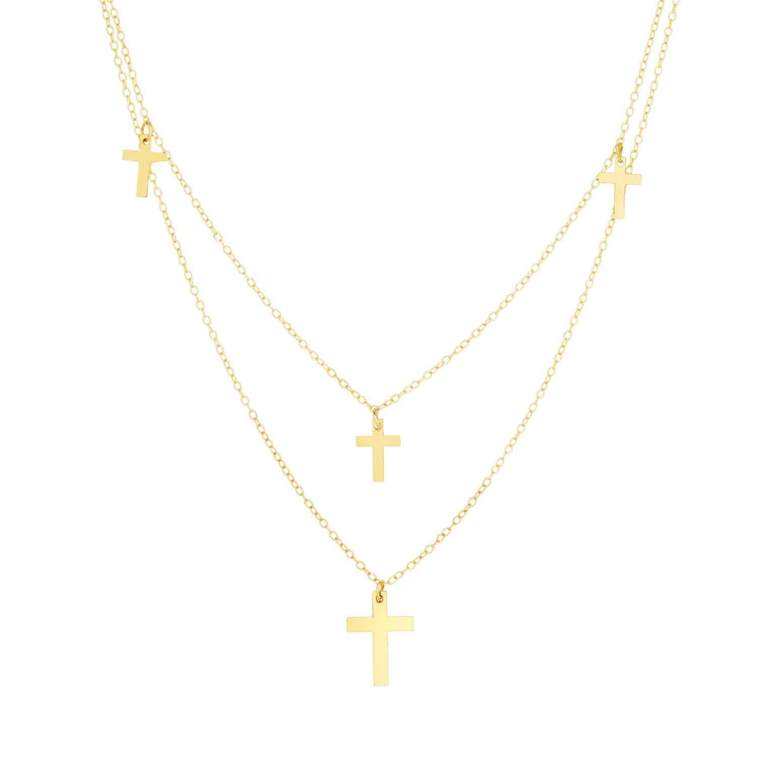 14K Yellow Gold Multi-Strand Cross Pendant Cable Chain Necklace 16"-18" Adjust.