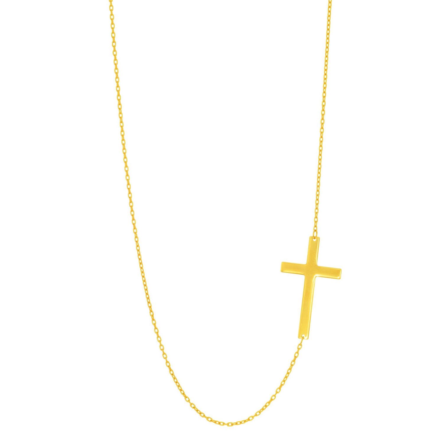 14K Yellow White Gold 1mm Cable Chain Flat Cross Pendant Necklace 16"-18" Adj. - Yellow Gold