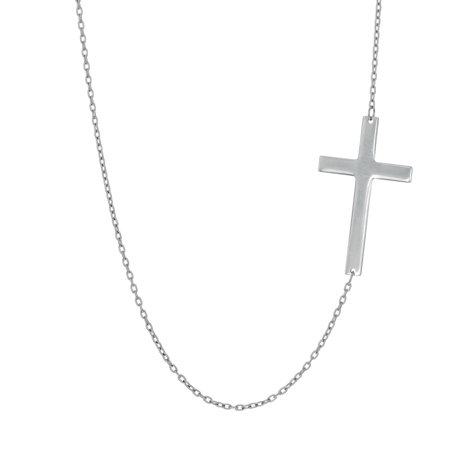 14K Yellow White Gold 1mm Cable Chain Flat Cross Pendant Necklace 16"-18" Adj. - White Gold