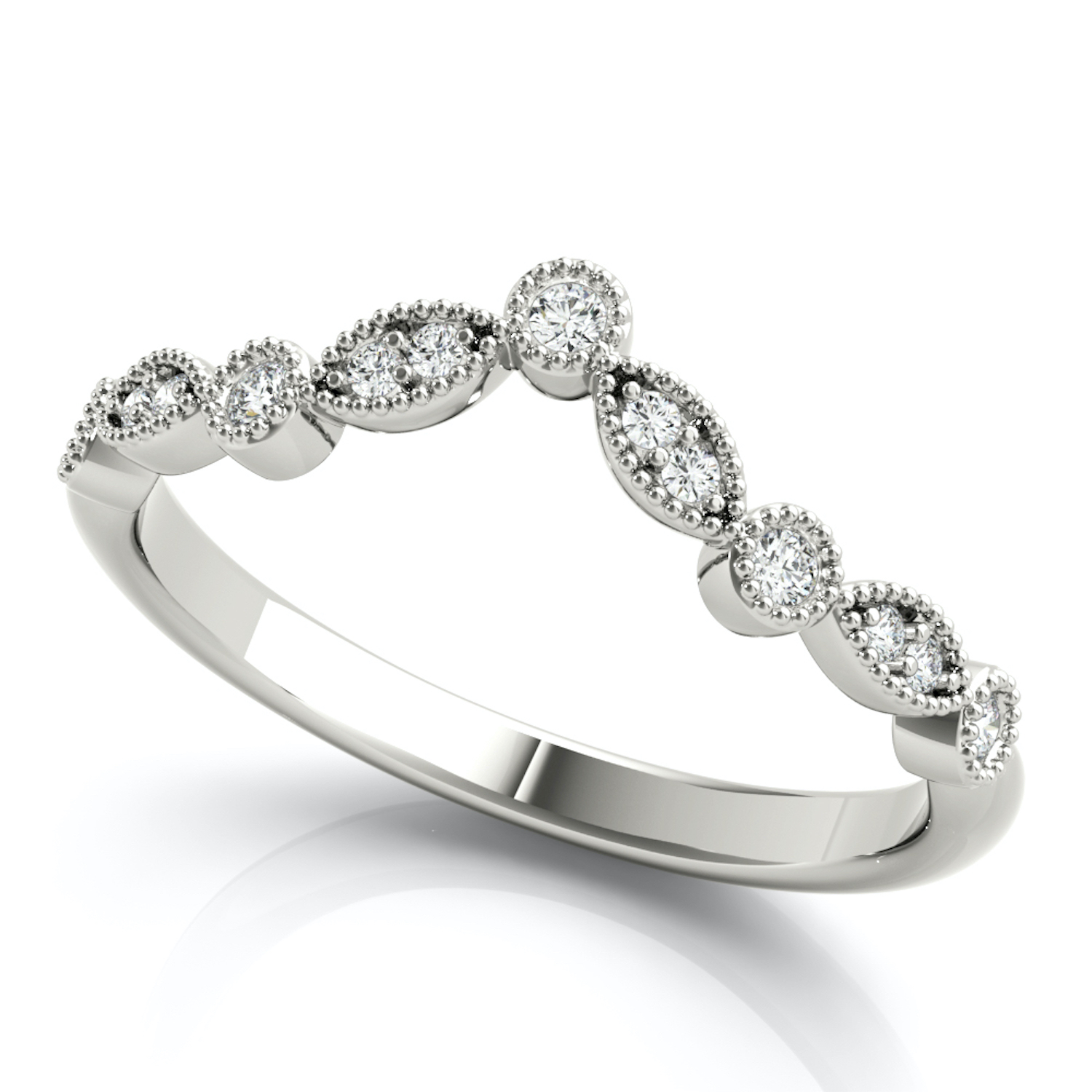0.15CTW Natural Diamond 18K White Gold Milgrain Chevron Wedding Band Ring - 4.5