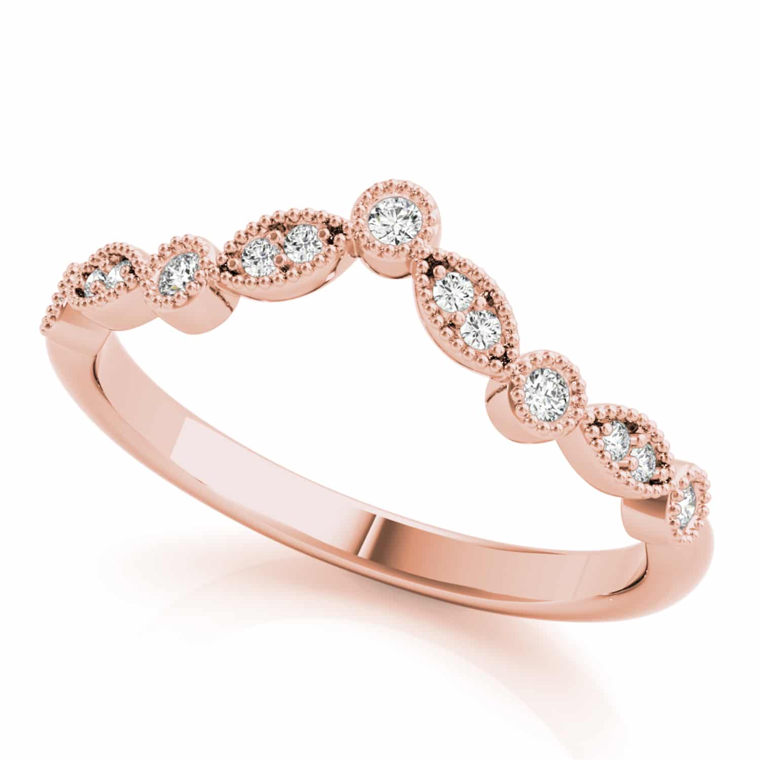 0.15CTW Natural Diamond 18K Rose Gold Milgrain Chevron Wedding Band Ring - 3