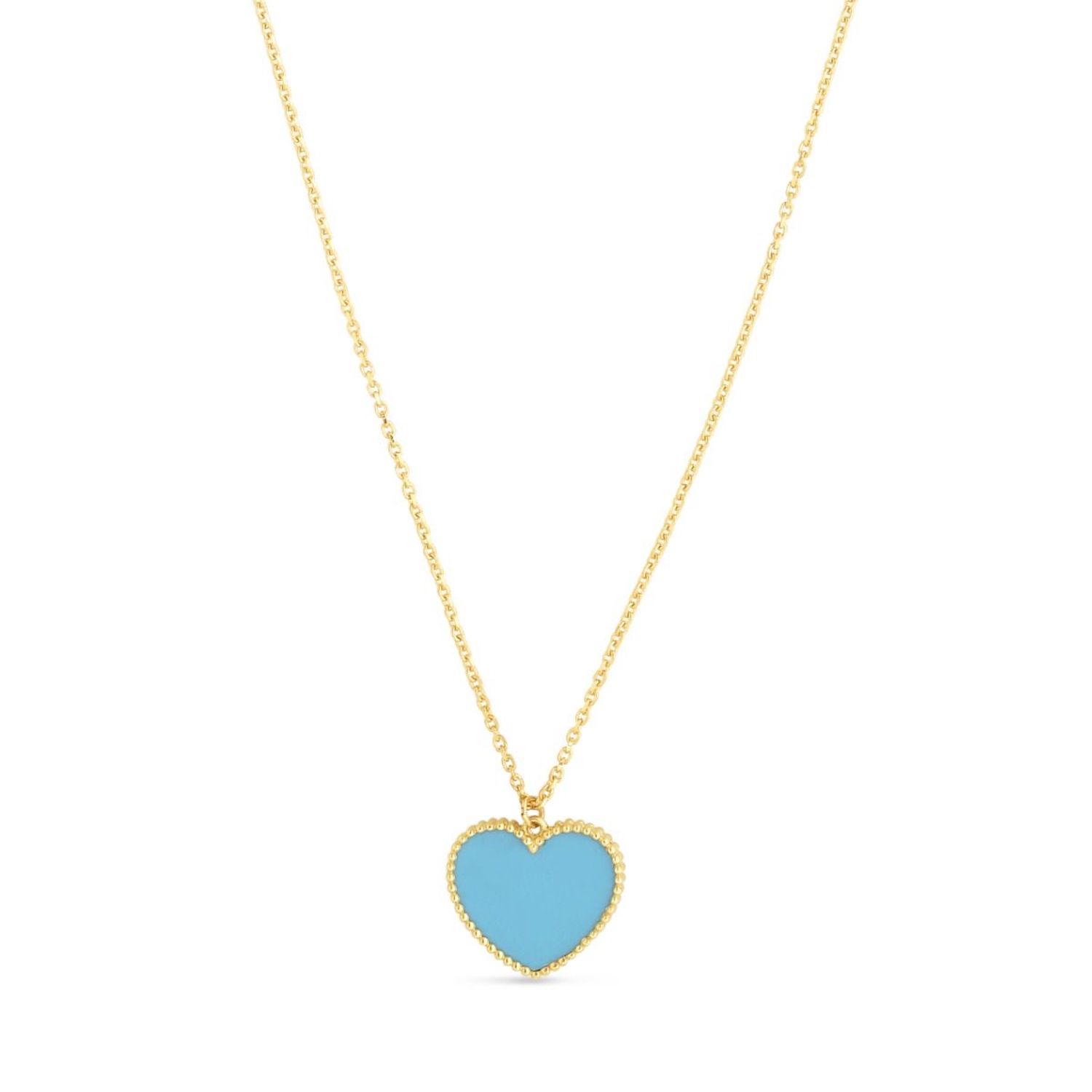 14K Yellow Gold Turquoise Heart Pendant Necklace 17"-18" Adjustable