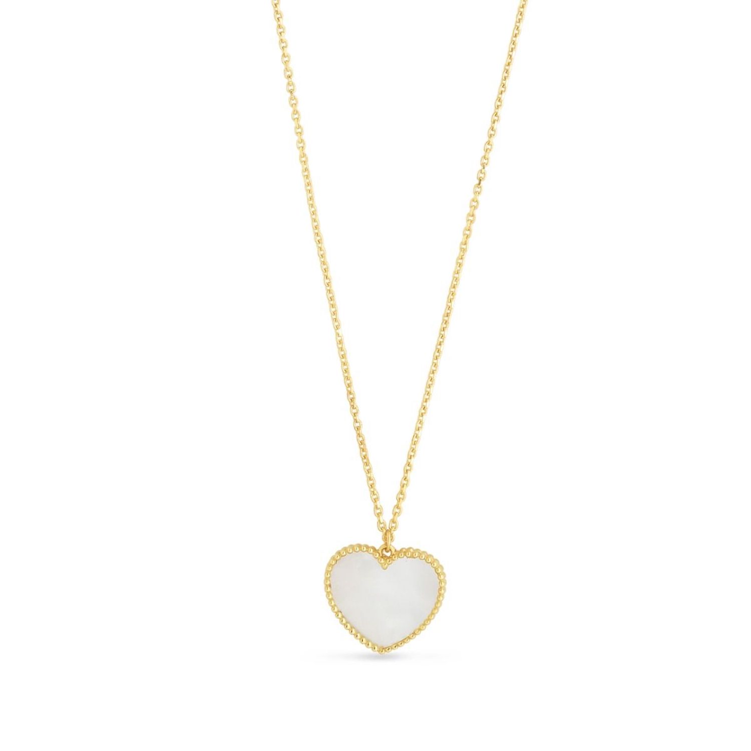 14K Yellow Gold Mother Of Pearl Heart Pendant Necklace 17"-18" Adjustable