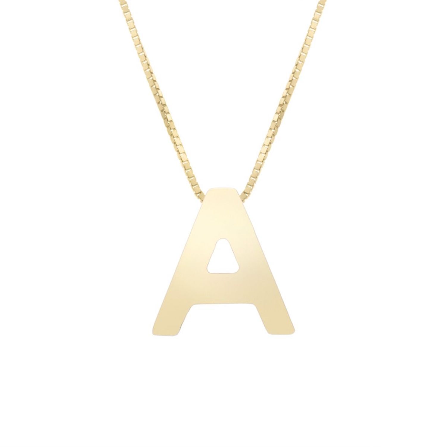 14K Yellow Gold Block Letter Initial Pendant Box Chain Necklace 16"-18" - A