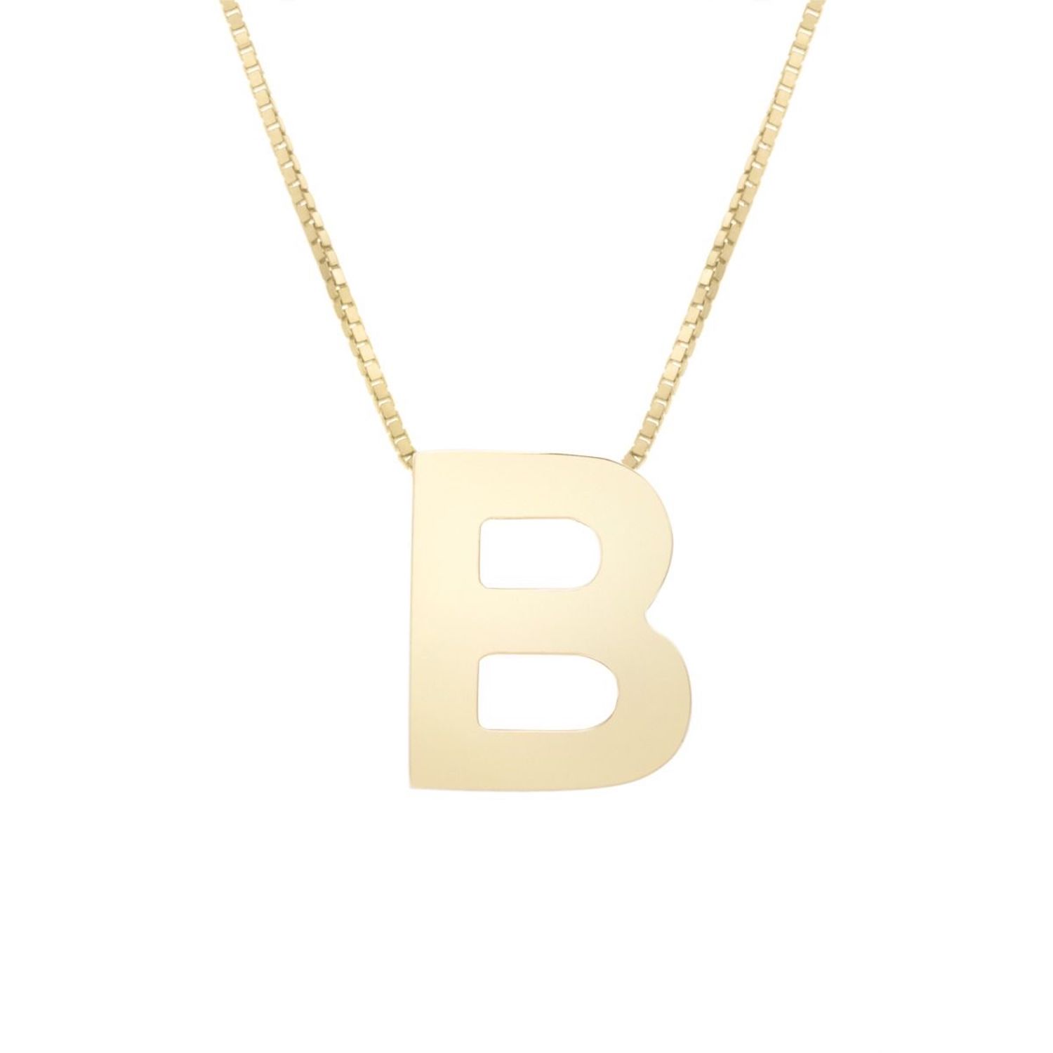 14K Yellow Gold Block Letter Initial Pendant Box Chain Necklace 16"-18" - B