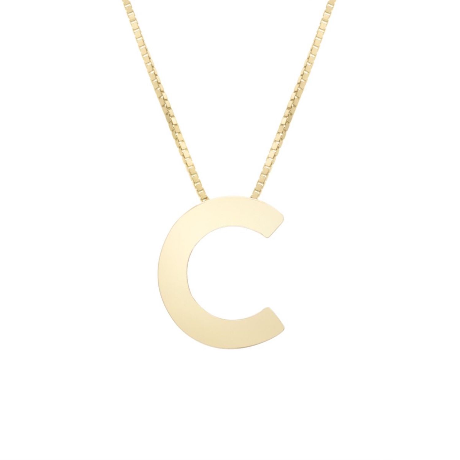 14K Yellow Gold Block Letter Initial Pendant Box Chain Necklace 16"-18" - C