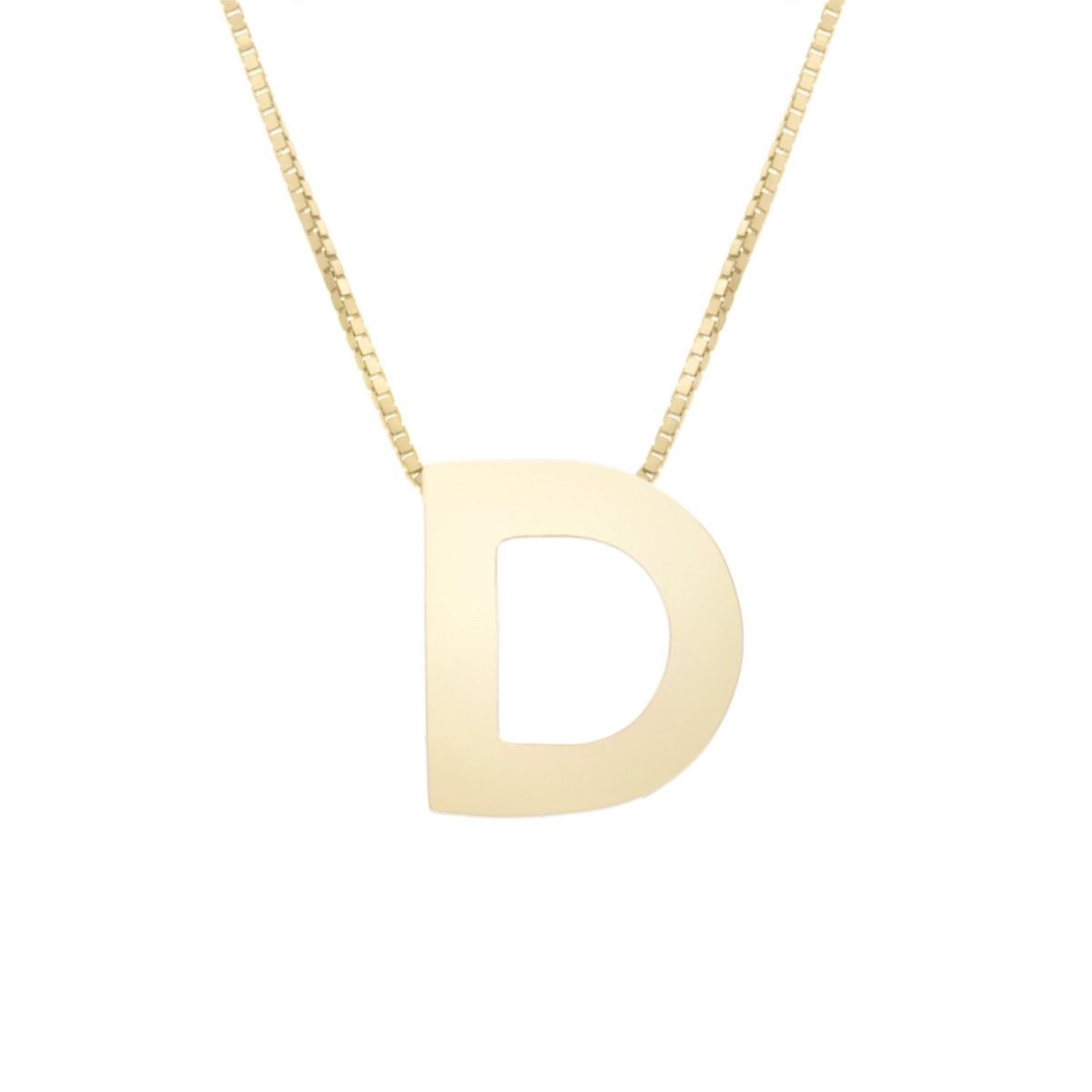 14K Yellow Gold Block Letter Initial Pendant Box Chain Necklace 16"-18" - D