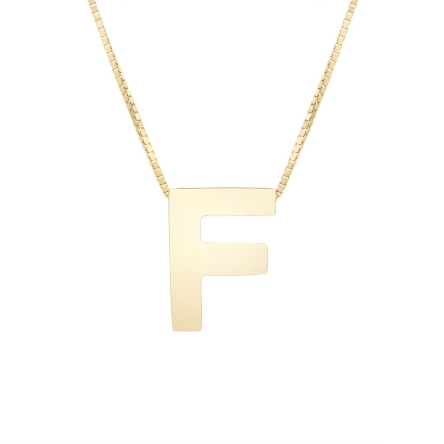 14K Yellow Gold Block Letter Initial Pendant Box Chain Necklace 16"-18" - F
